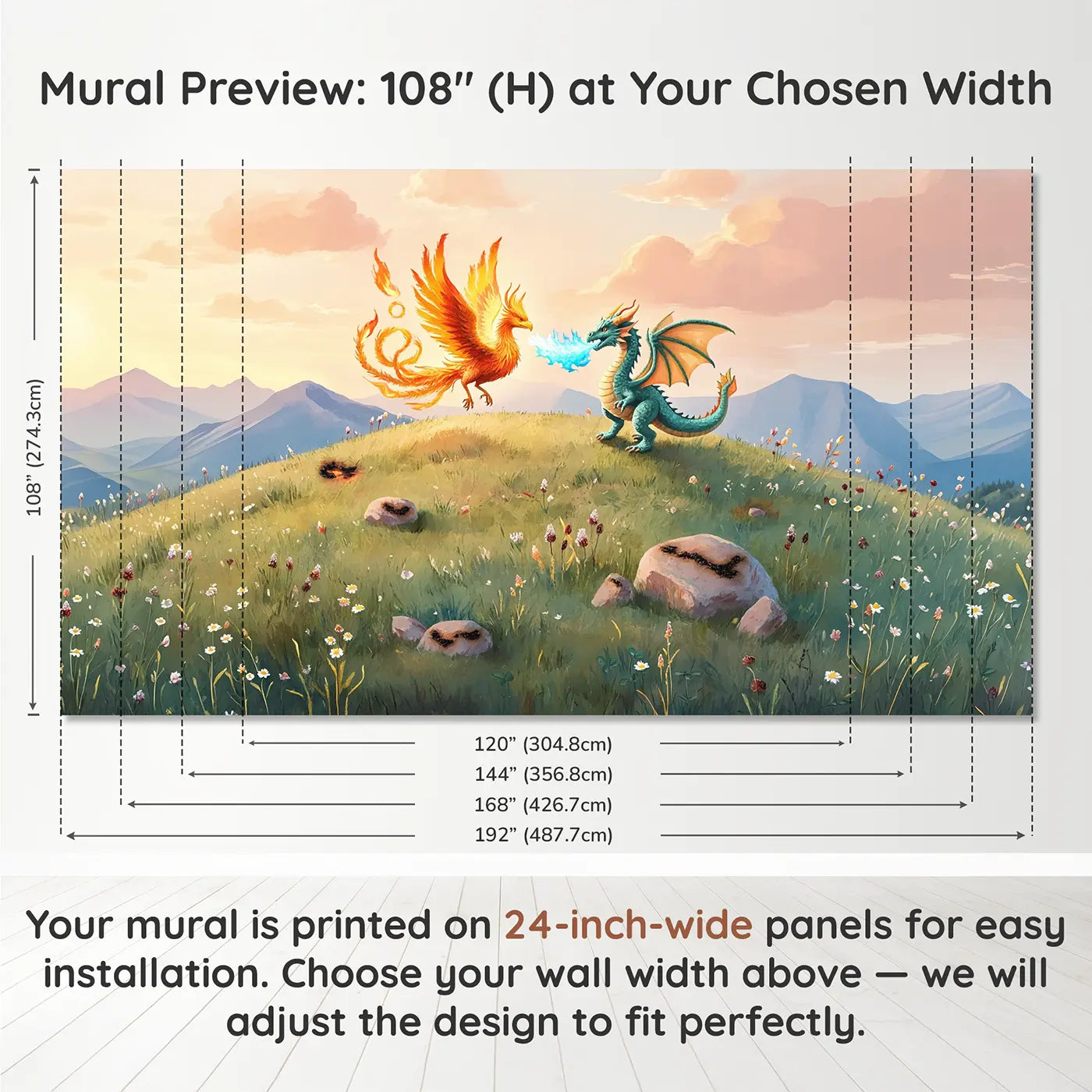 Panel layout and dimensions for Phoenix and Dragon Flame Wallpaper Mural by Whimsy Tots