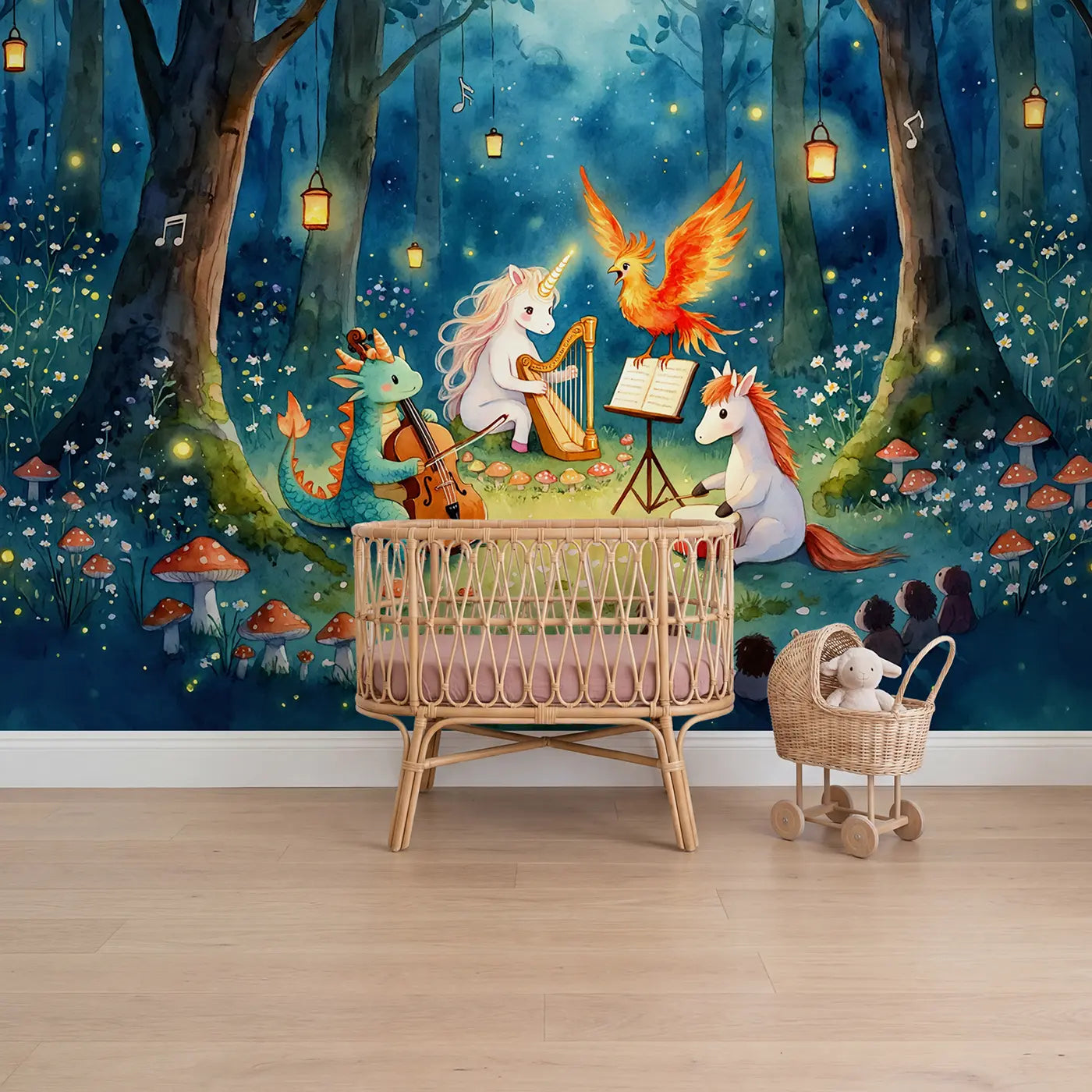Watercolor unicorn dragon phoenix meadow wallpaper mural for girls room by Whimsy Tots