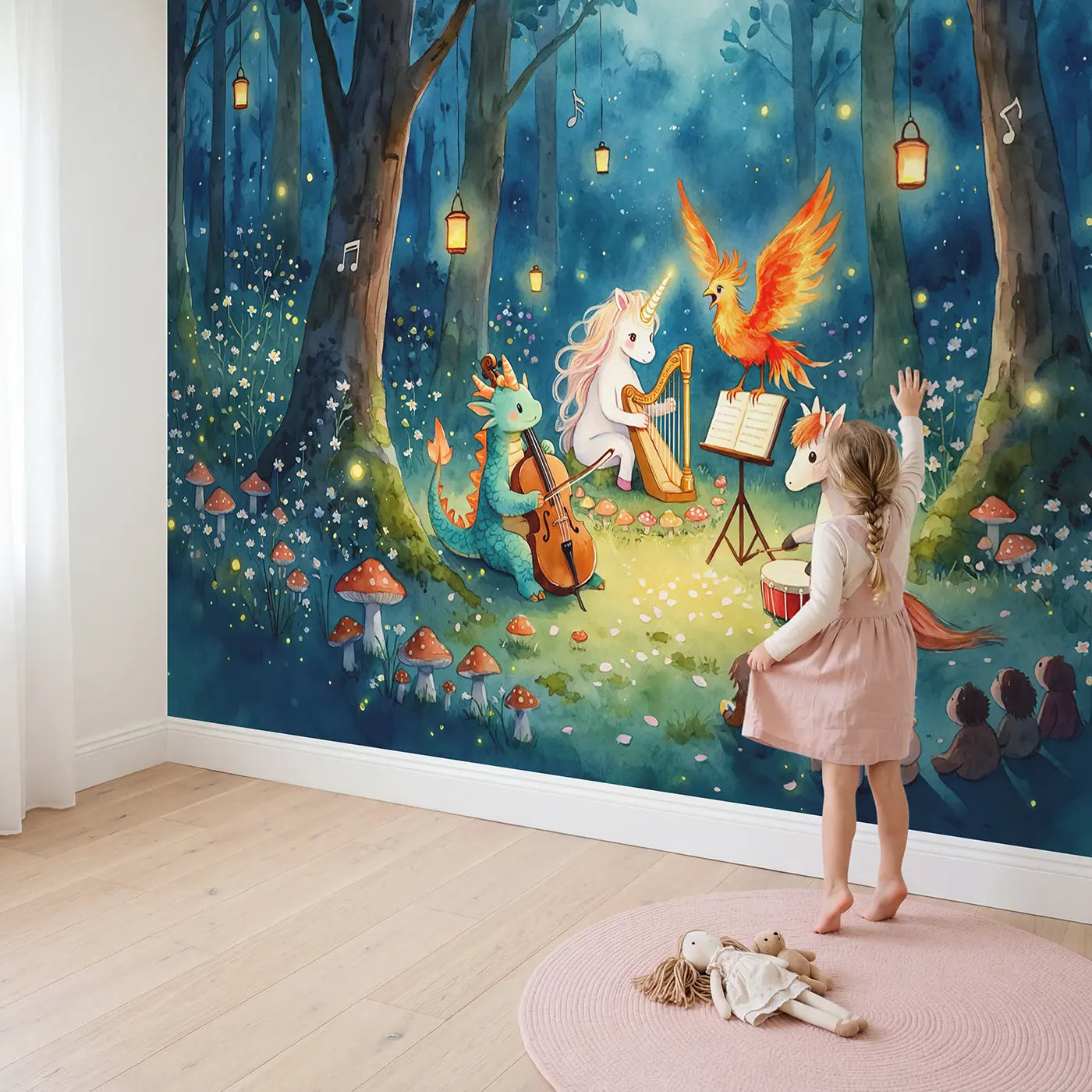 Child in nursery with Mythical Creature Band Wallpaper Mural by Whimsy Tots