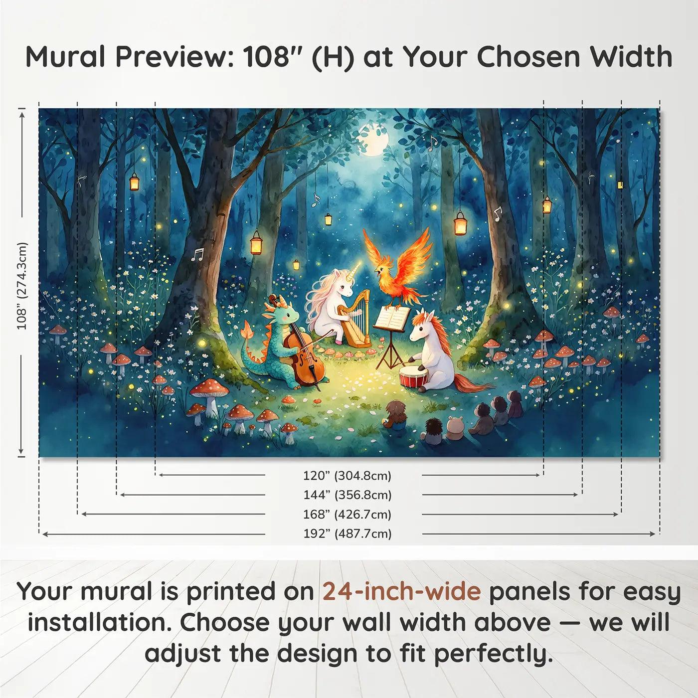 Panel layout and dimensions for Mythical Creature Band Wallpaper Mural by Whimsy Tots