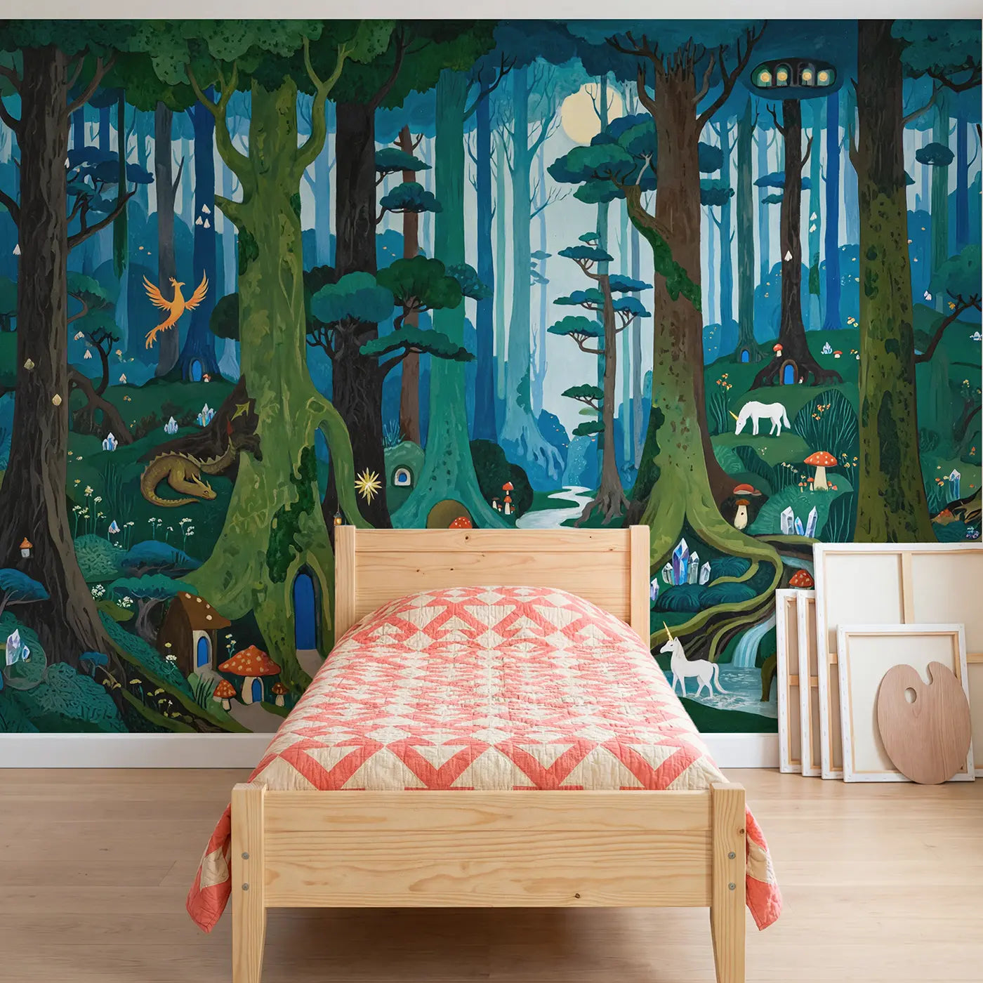 modern illustration enchanted creature forest wallpaper mural for girls room by Whimsy Tots