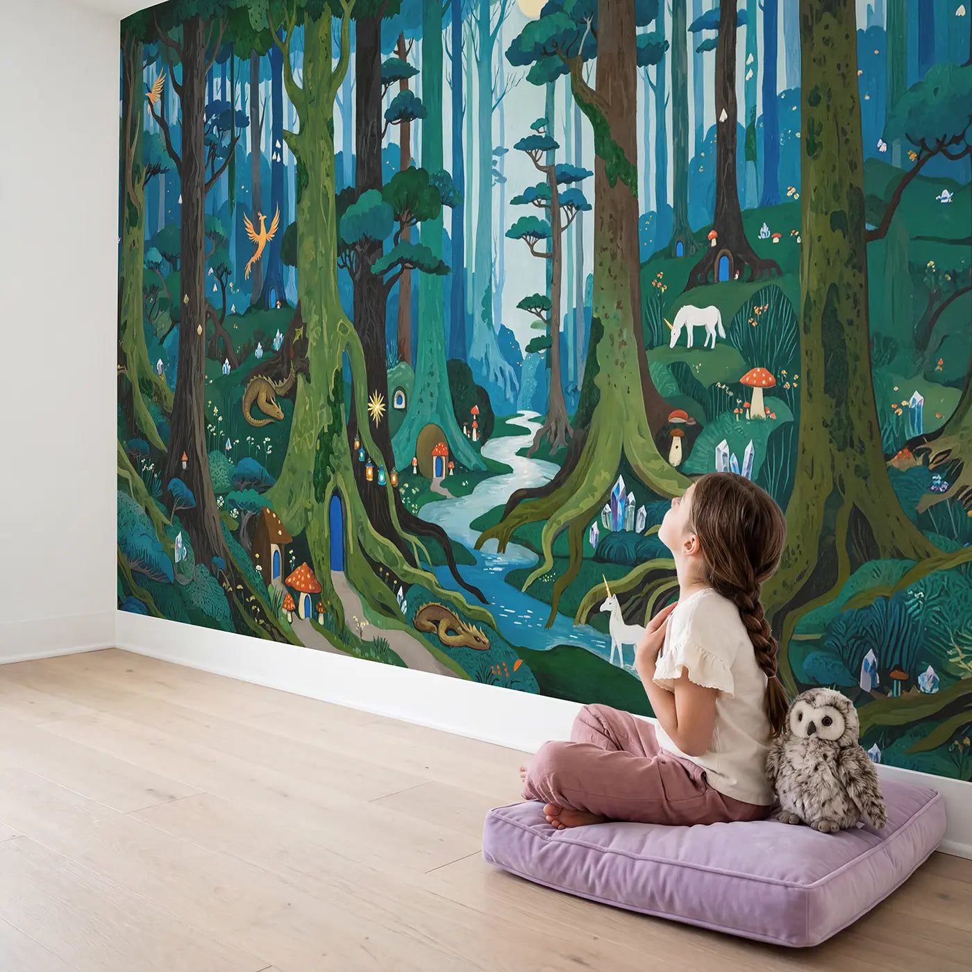 Child in nursery with Enchanted Creature Forest Wallpaper Mural by Whimsy Tots