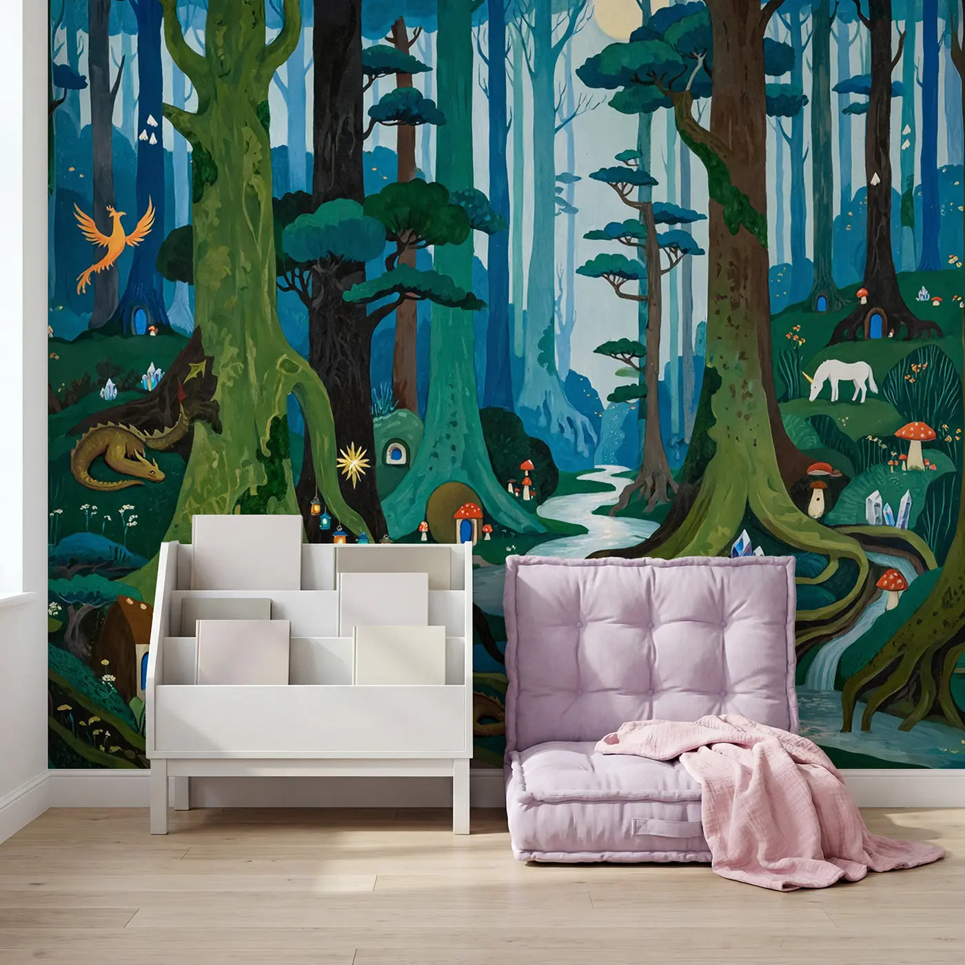 Enchanted Creature Forest Wallpaper Mural in playroom setting by Whimsy Tots