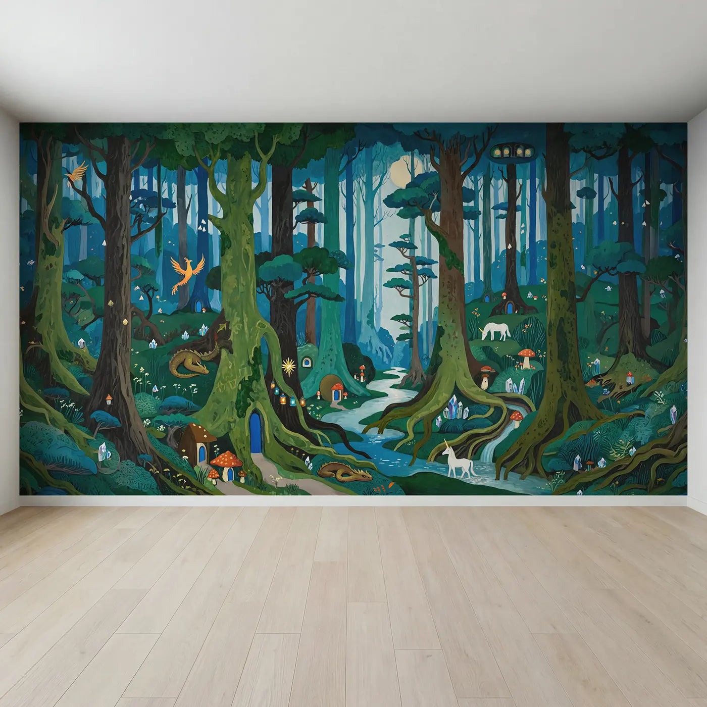 Full view of Enchanted Creature Forest Wallpaper Mural by Whimsy Tots