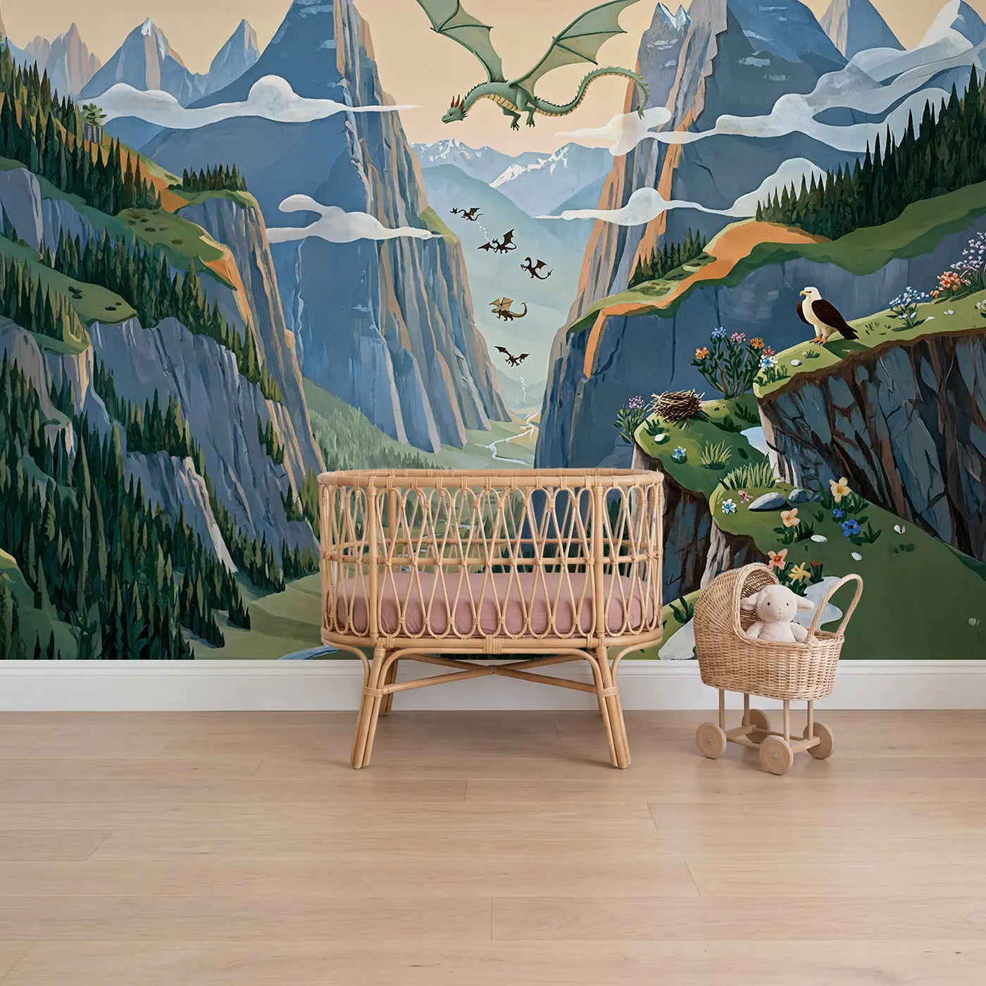 Modern illustration dragon flying through mountain pass wallpaper mural for nursery by Whimsy Tots