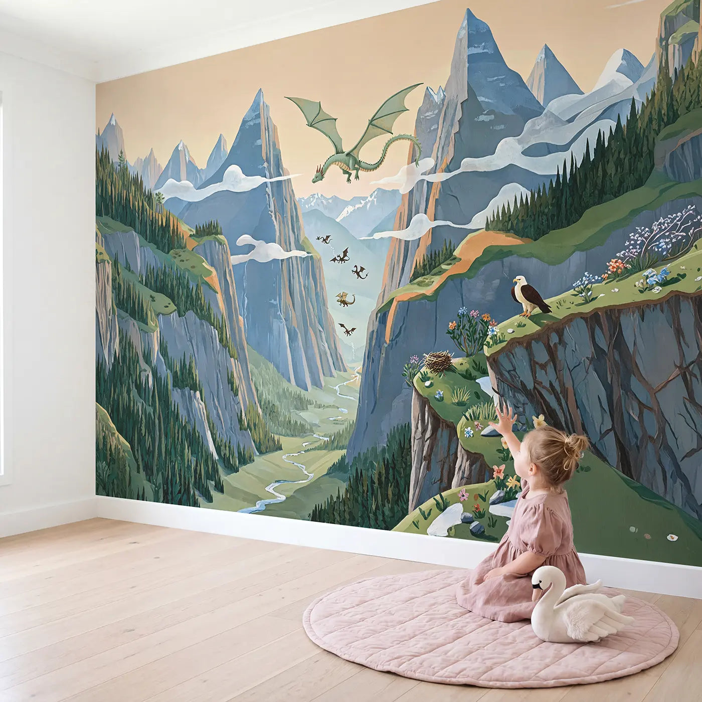 Child in nursery with Dragon Mountain Pass Flight Wallpaper Mural by Whimsy Tots