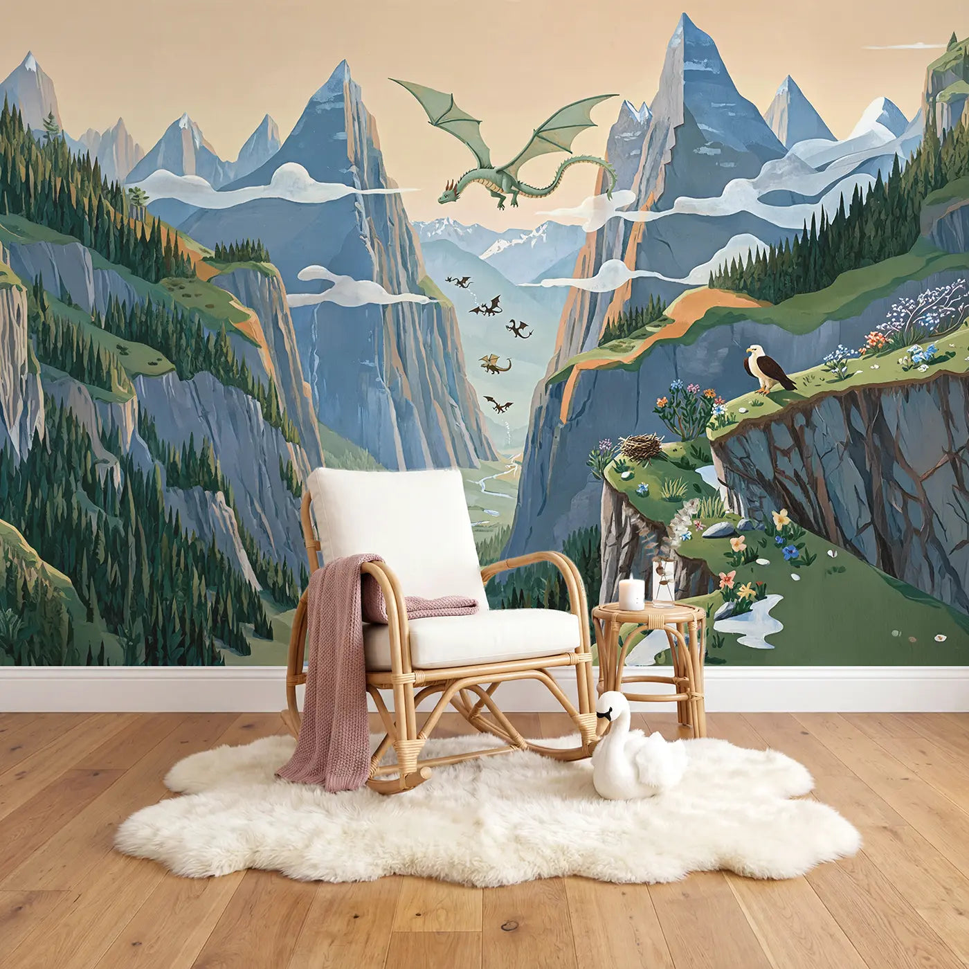 Dragon Mountain Pass Flight Wallpaper Mural in playroom setting by Whimsy Tots