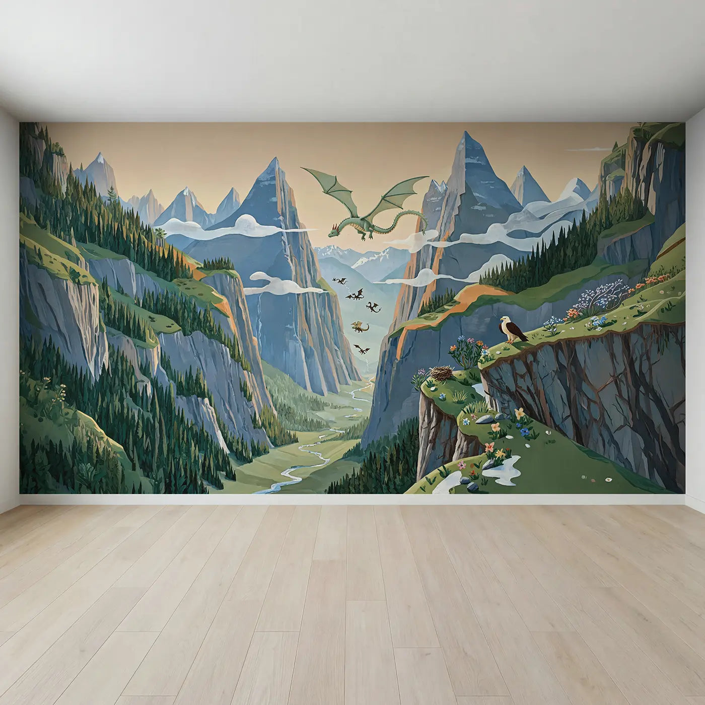 Full view of Dragon Mountain Pass Flight Wallpaper Mural by Whimsy Tots