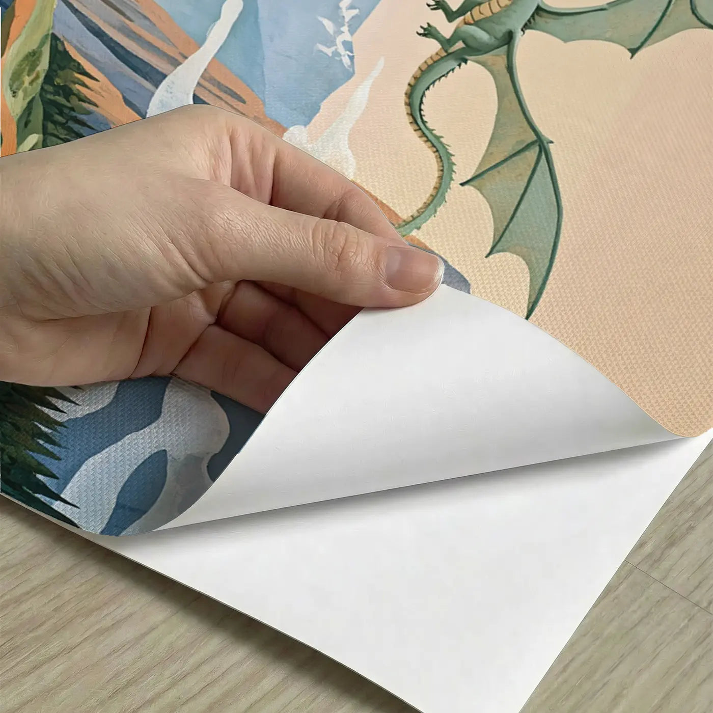 Peel-and-stick detail of Dragon Mountain Pass Flight Wallpaper Mural by Whimsy Tots