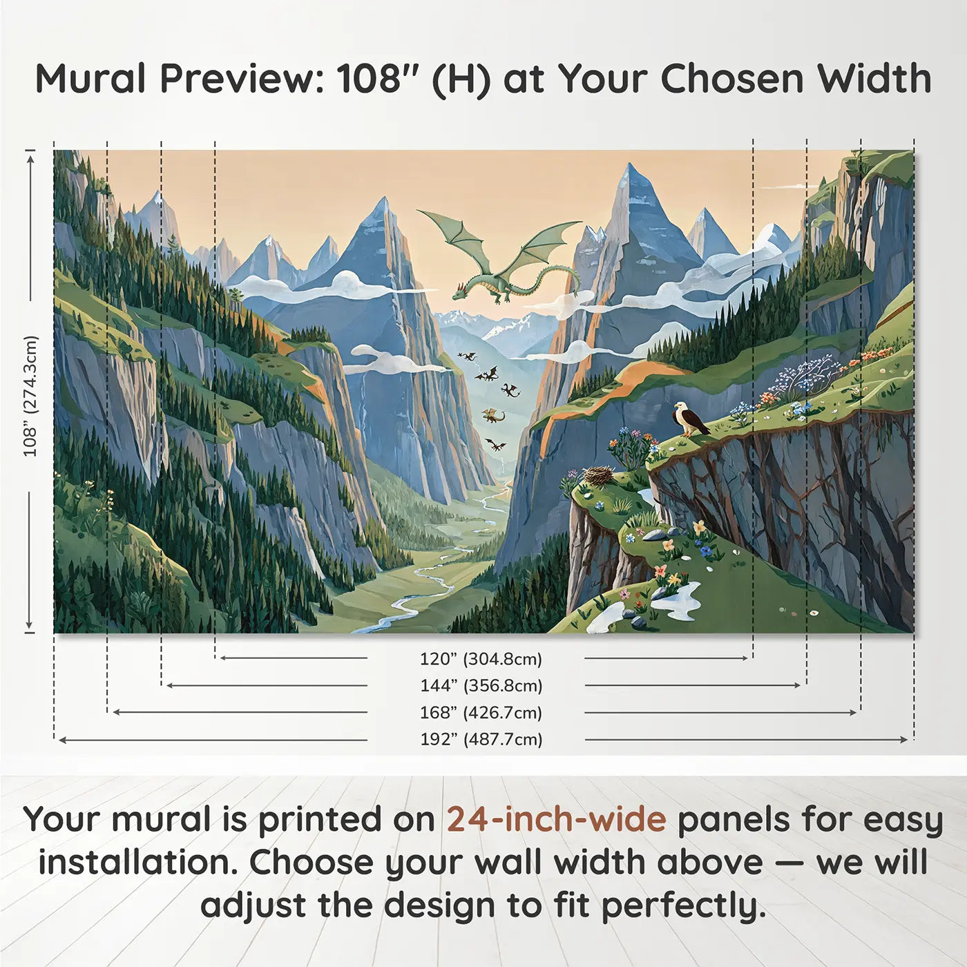 Panel layout and dimensions for Dragon Mountain Pass Flight Wallpaper Mural by Whimsy Tots