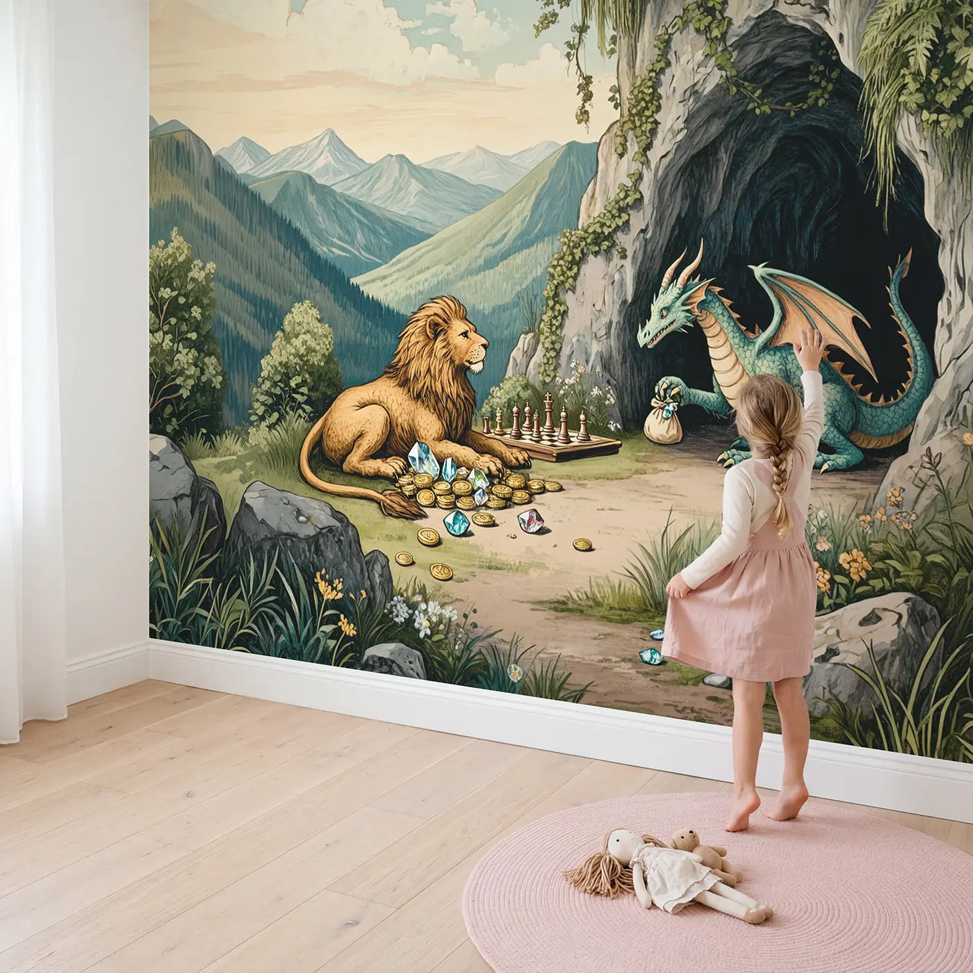 Child in nursery with Griffin Dragon Treasure Visit Wallpaper Mural by Whimsy Tots