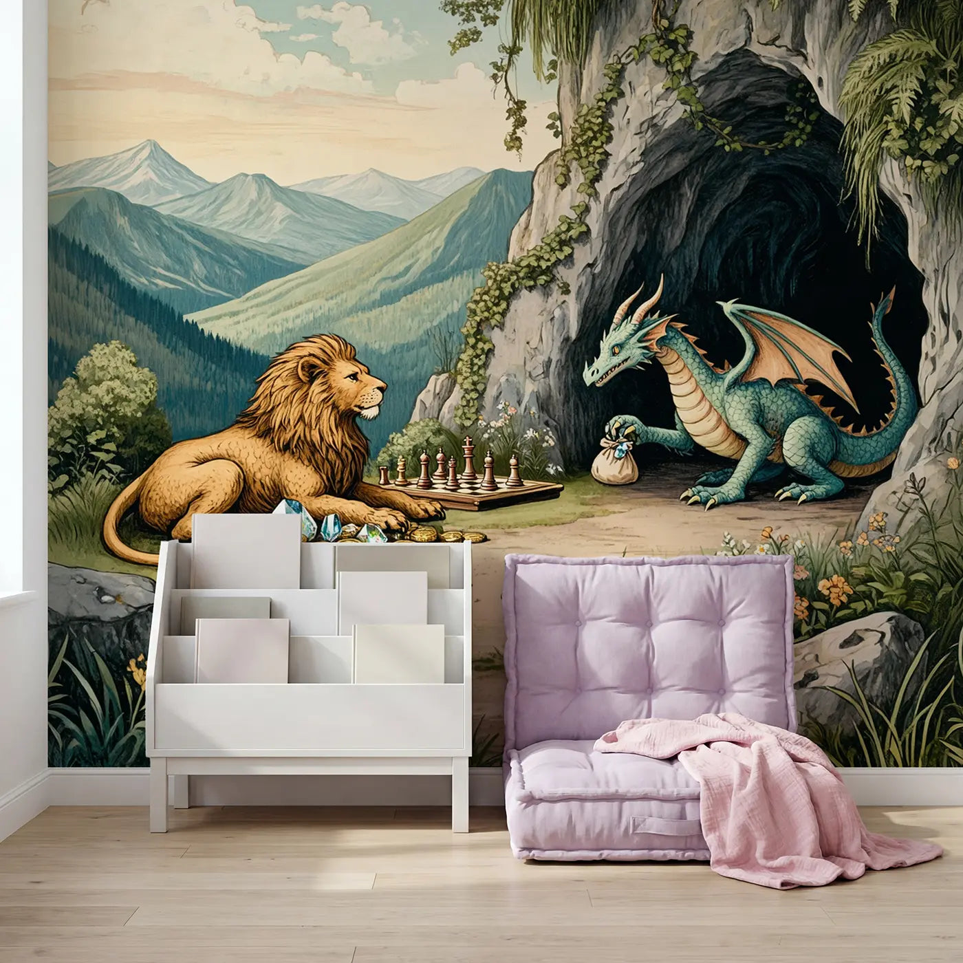 Griffin Dragon Treasure Visit Wallpaper Mural in playroom setting by Whimsy Tots