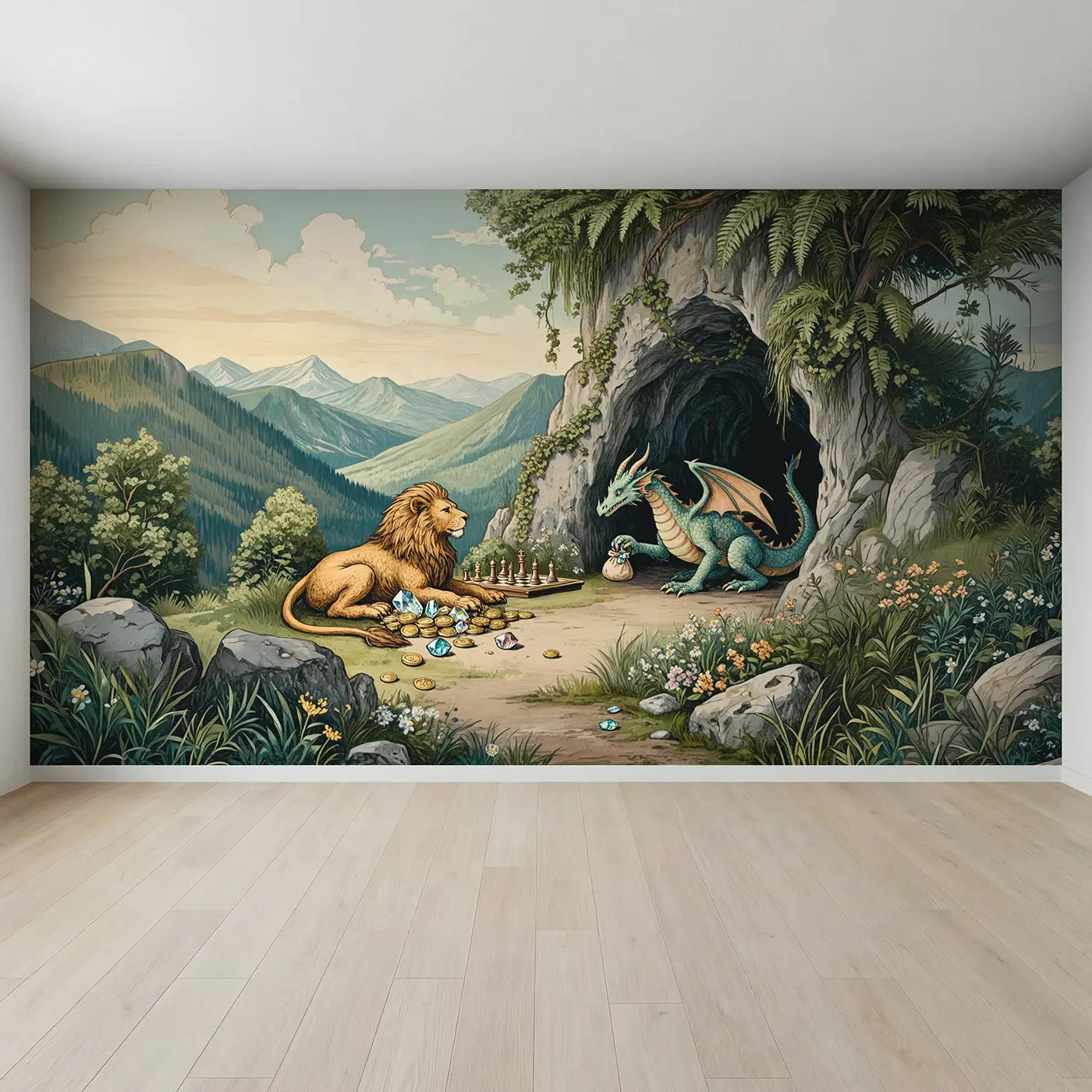 Full view of Griffin Dragon Treasure Visit Wallpaper Mural by Whimsy Tots