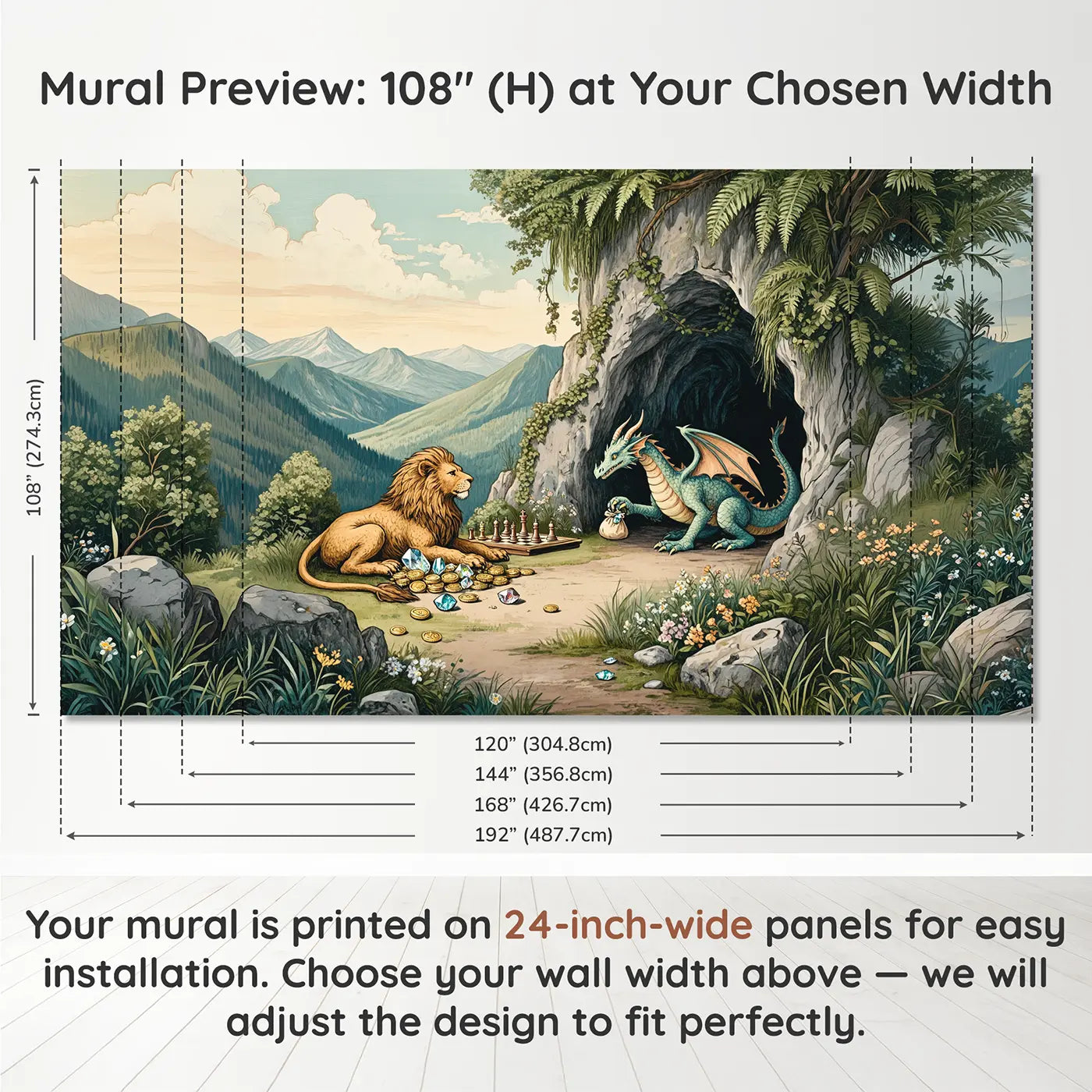 Panel layout and dimensions for Griffin Dragon Treasure Visit Wallpaper Mural by Whimsy Tots