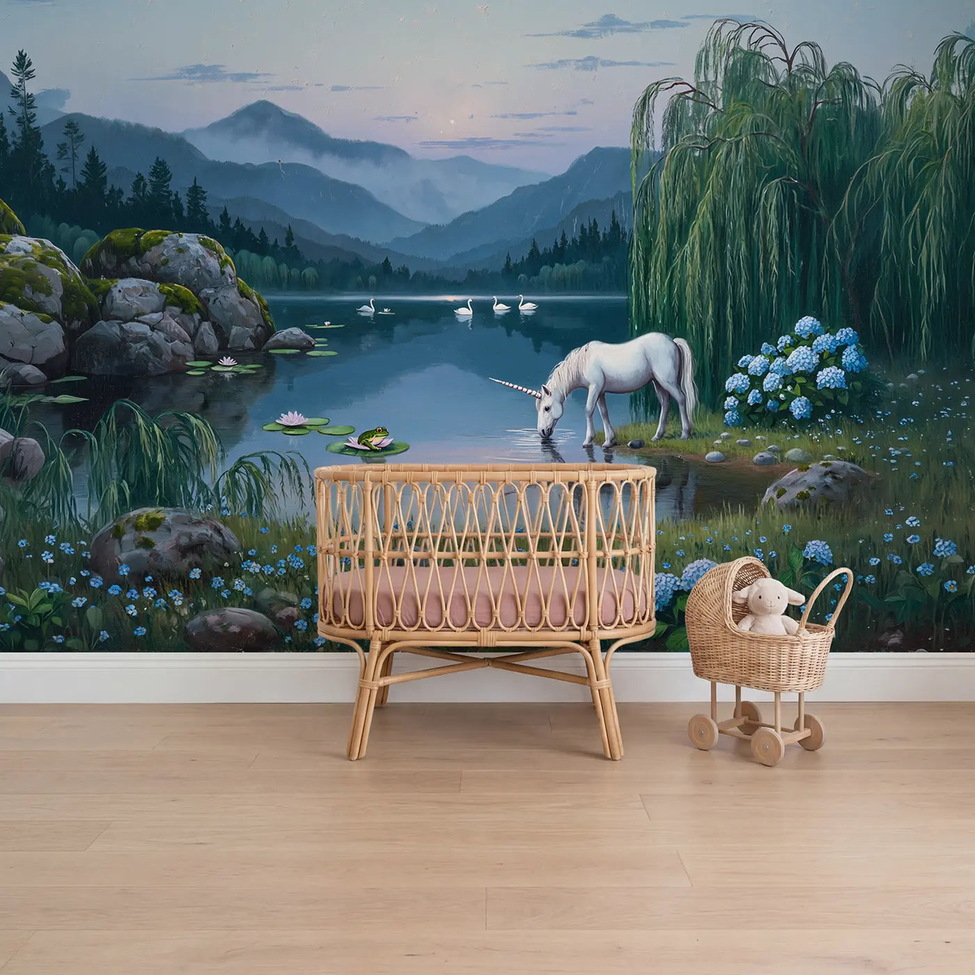 Painted unicorn and lake fantasy meadow wallpaper mural for girls room by Whimsy Tots
