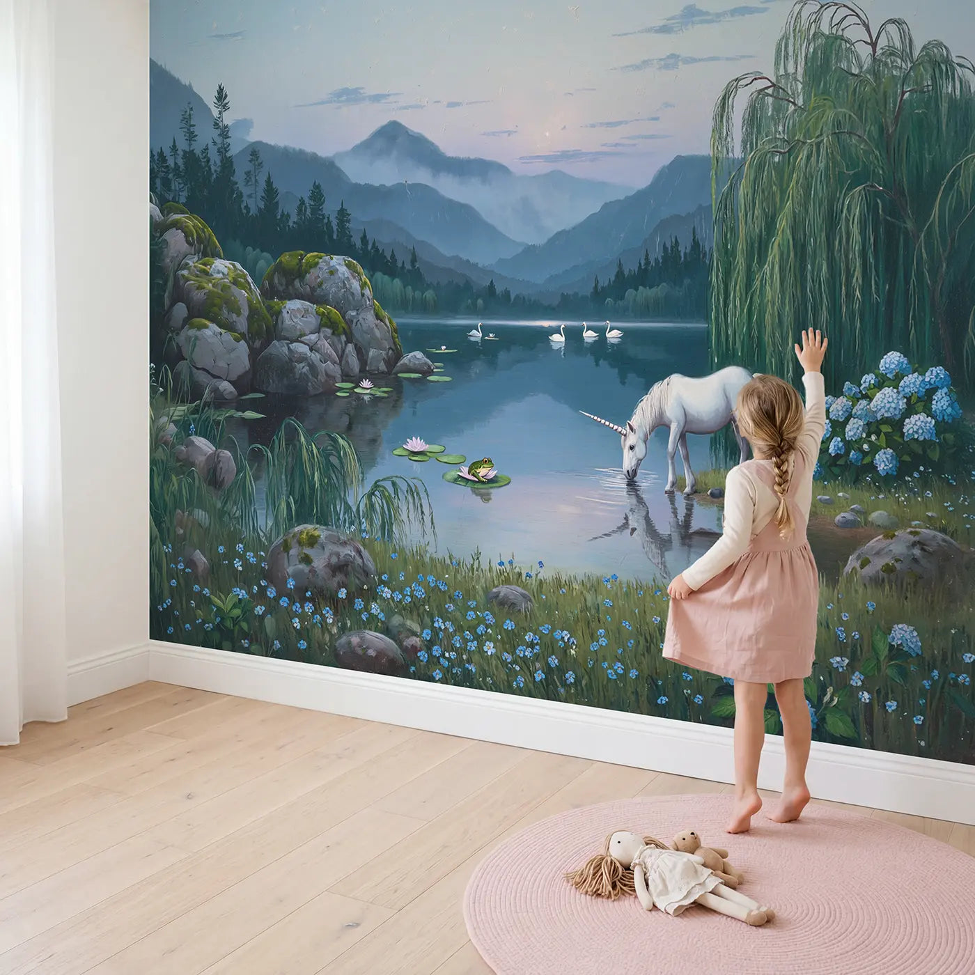 Child in nursery with Enchanted Unicorn Lake Wallpaper Mural by Whimsy Tots