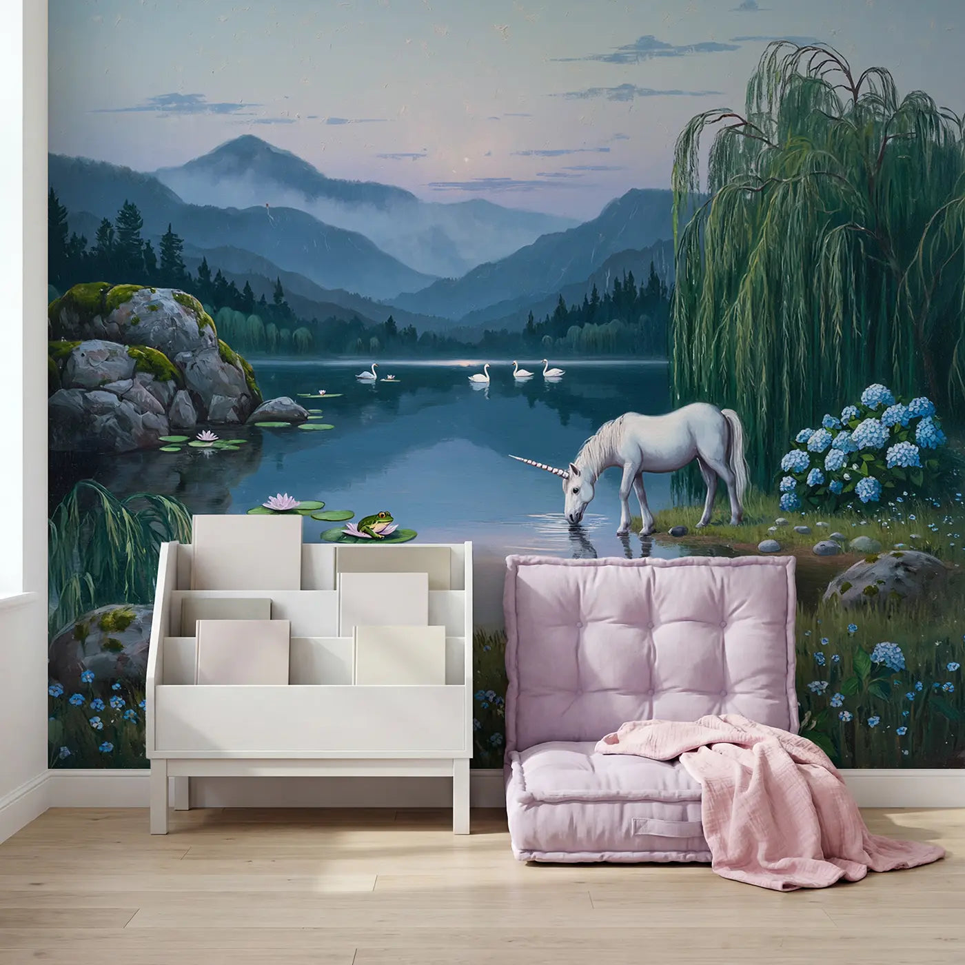 Enchanted Unicorn Lake Wallpaper Mural in playroom setting by Whimsy Tots