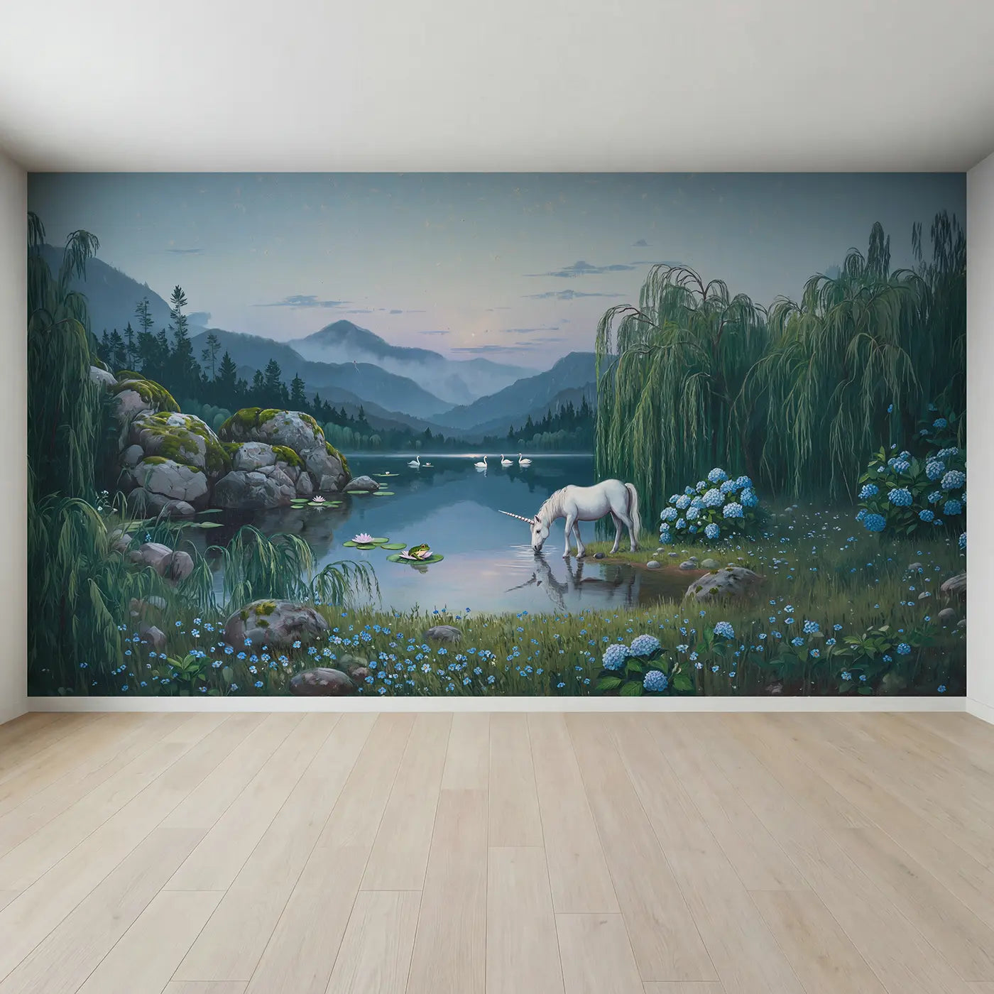 Full view of Enchanted Unicorn Lake Wallpaper Mural by Whimsy Tots
