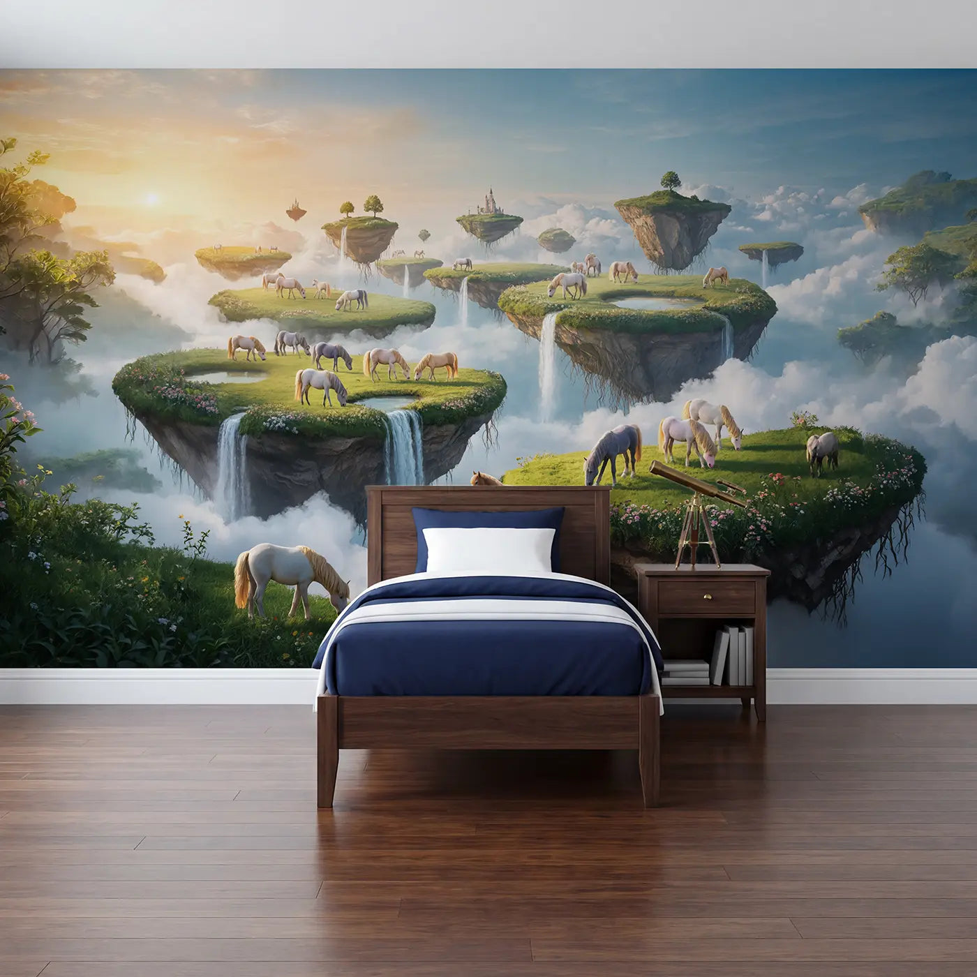 Soft pastel floating island pegasus herd wallpaper mural for kids room by Whimsy Tots