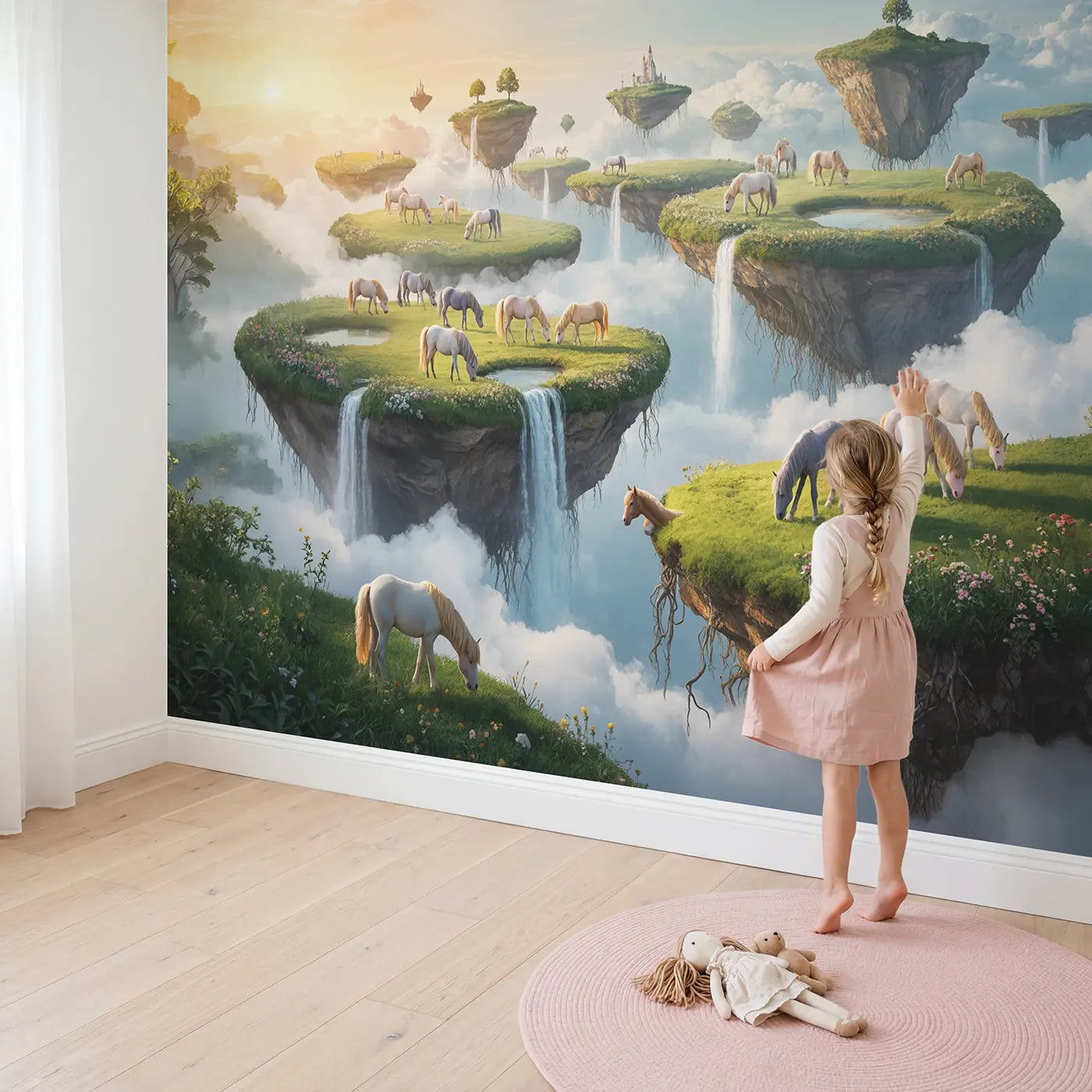 Child in nursery with Floating Island Pegasus Herd Wallpaper Mural by Whimsy Tots