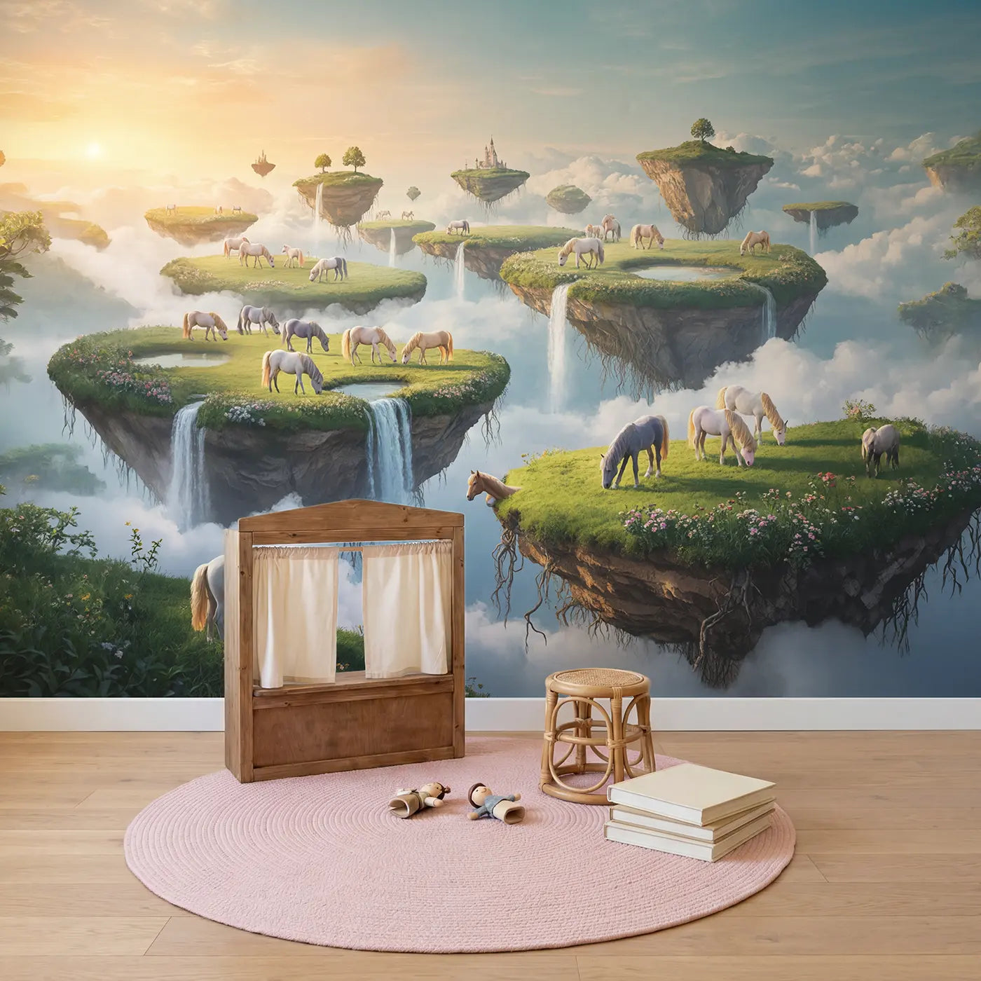 Floating Island Pegasus Herd Wallpaper Mural in playroom setting by Whimsy Tots