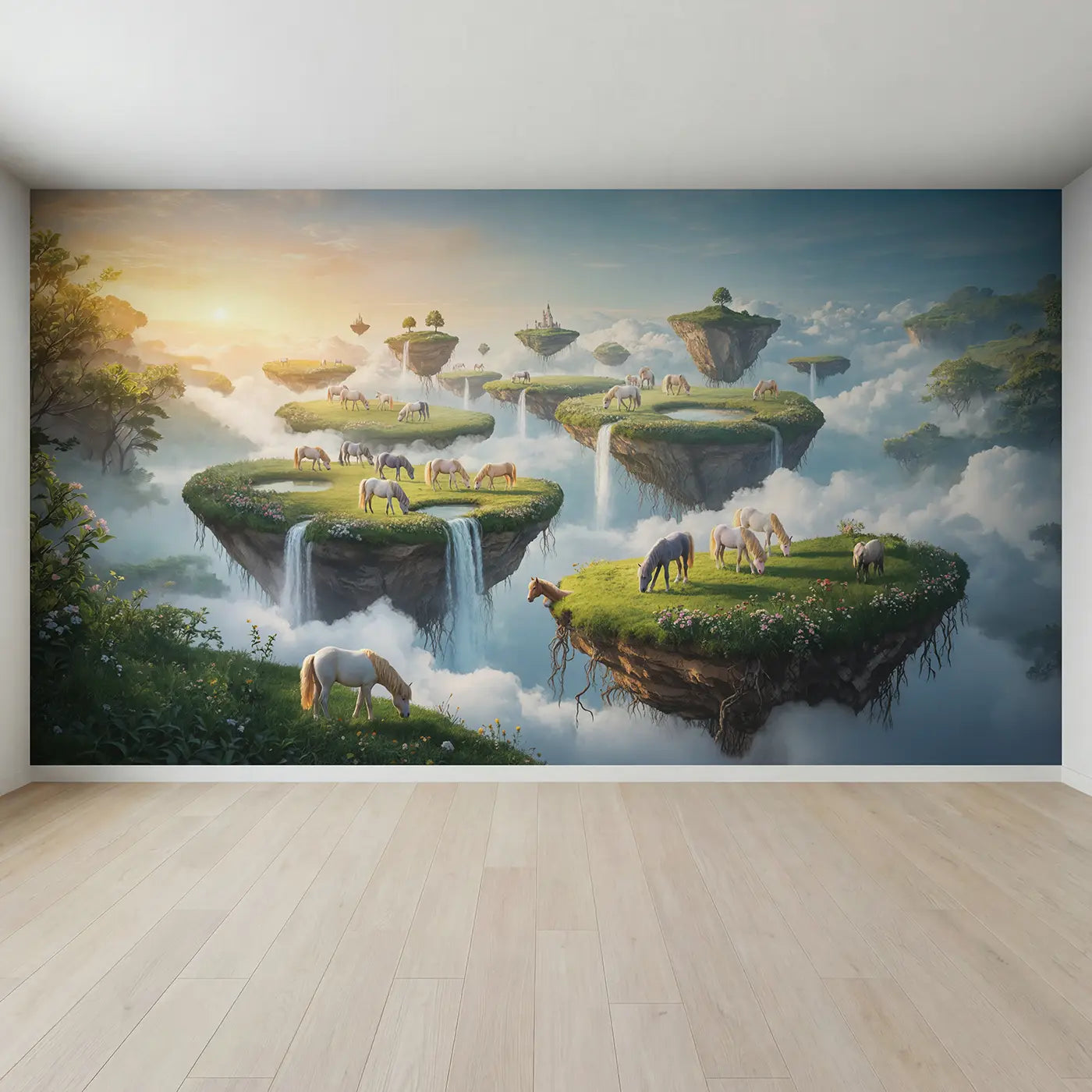 Full view of Floating Island Pegasus Herd Wallpaper Mural by Whimsy Tots