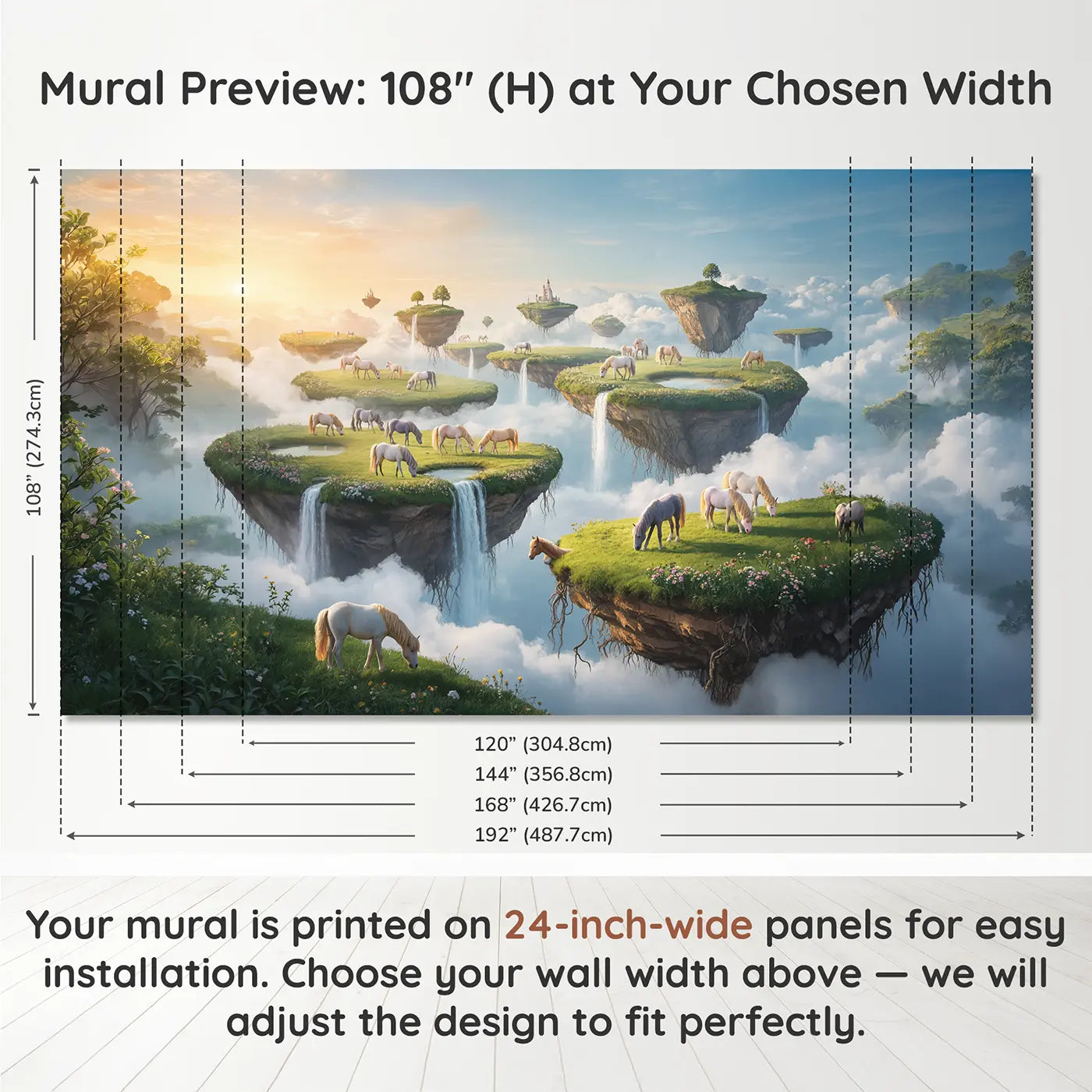 Panel layout and dimensions for Floating Island Pegasus Herd Wallpaper Mural by Whimsy Tots
