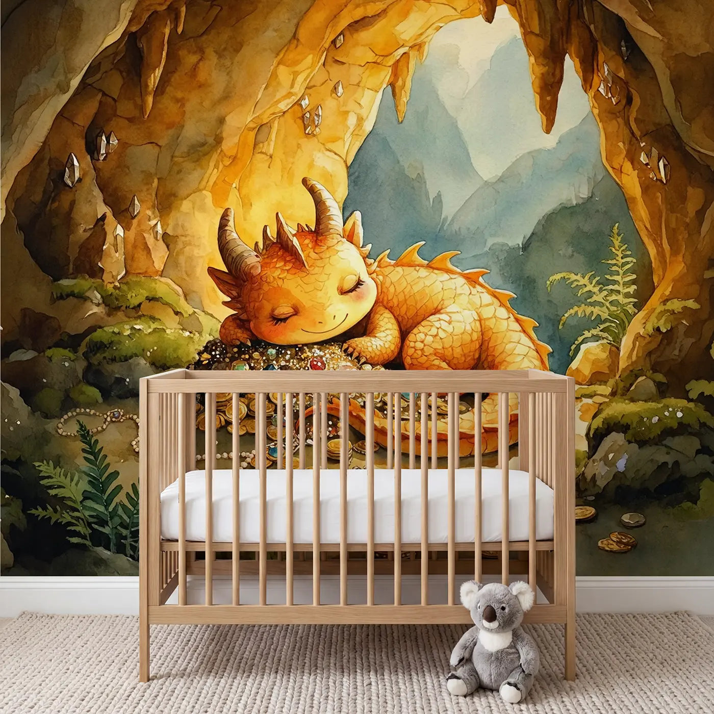Watercolor dragon treasure cave books wallpaper mural for nursery by Whimsy Tots