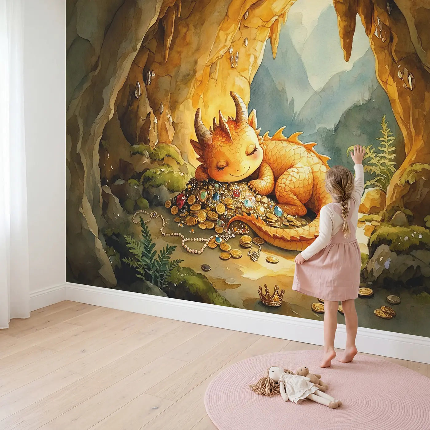 Child in nursery with Gentle Dragon Treasure Cave Wallpaper Mural by Whimsy Tots