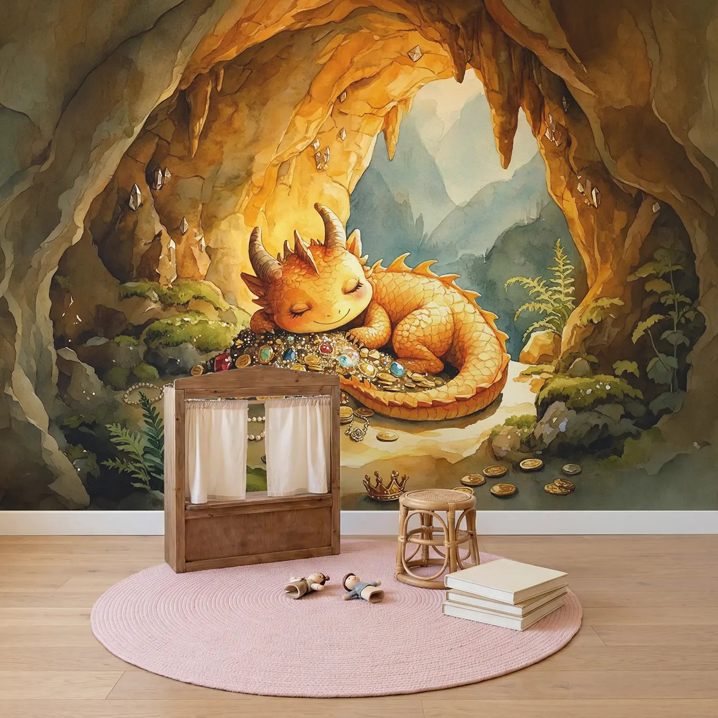 Gentle Dragon Treasure Cave Wallpaper Mural in playroom setting by Whimsy Tots