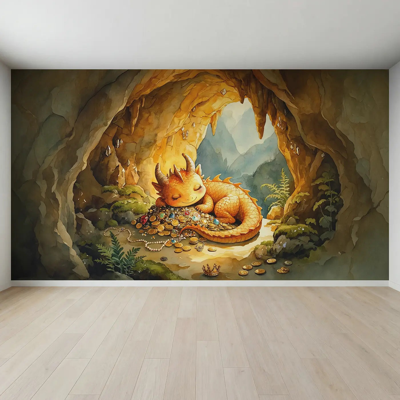 Full view of Gentle Dragon Treasure Cave Wallpaper Mural by Whimsy Tots