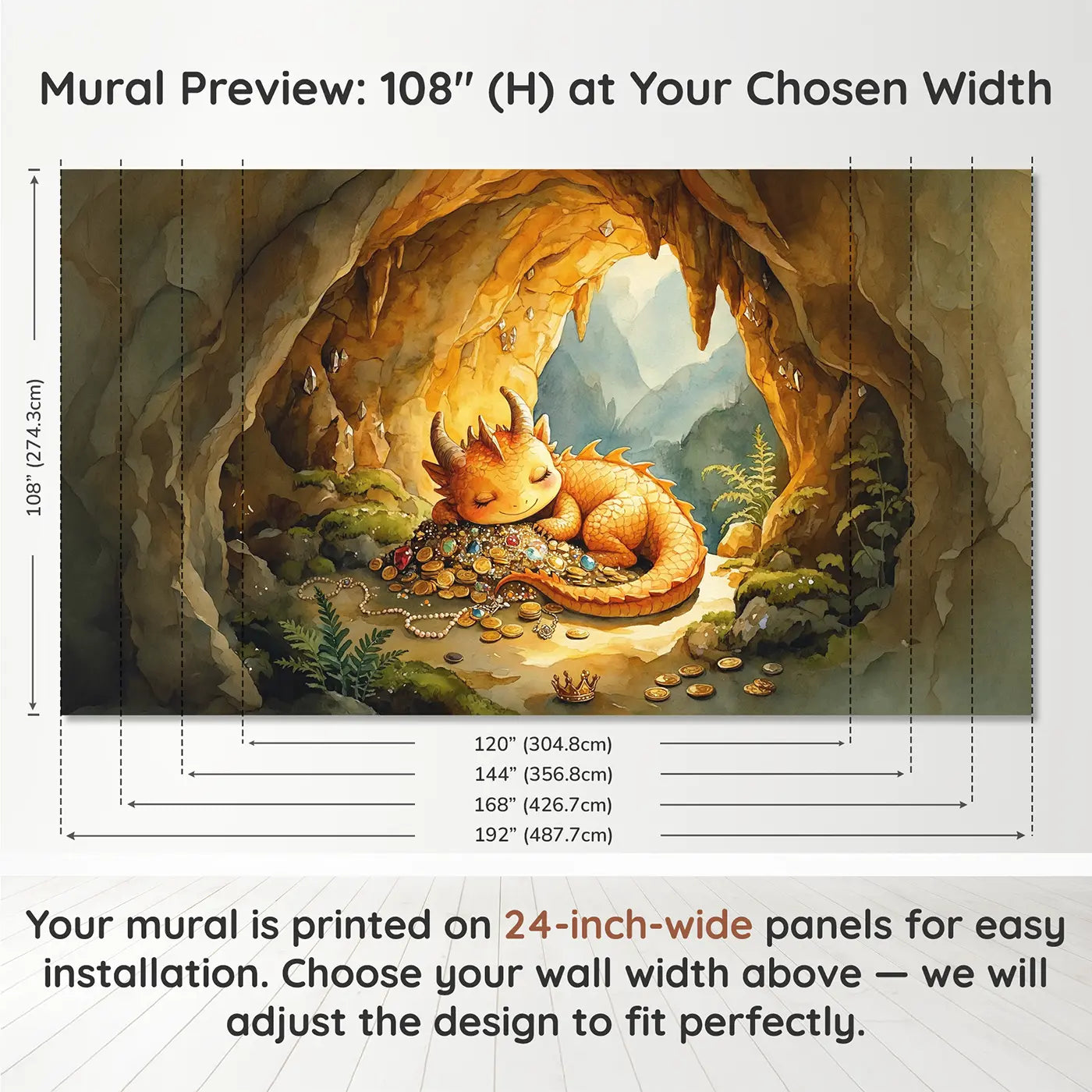 Panel layout and dimensions for Gentle Dragon Treasure Cave Wallpaper Mural by Whimsy Tots