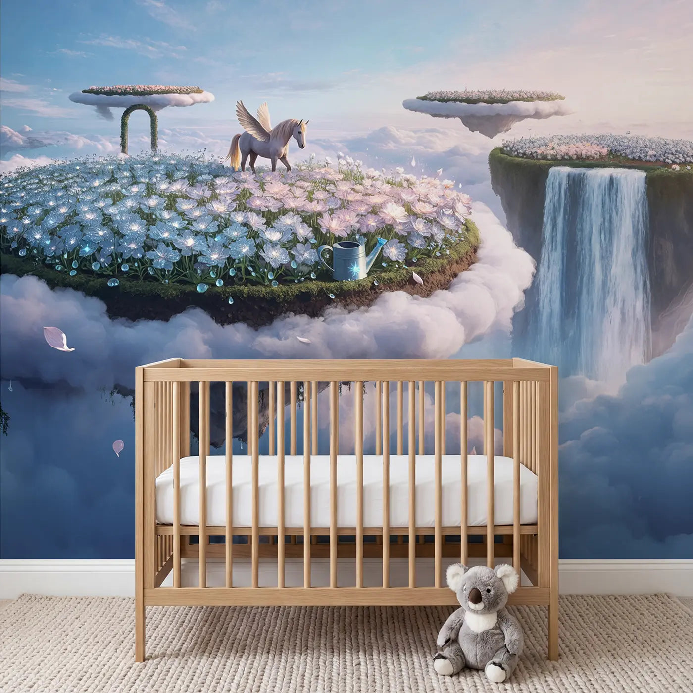 Soft pastel pegasus cloud garden wallpaper mural for kids room by Whimsy Tots