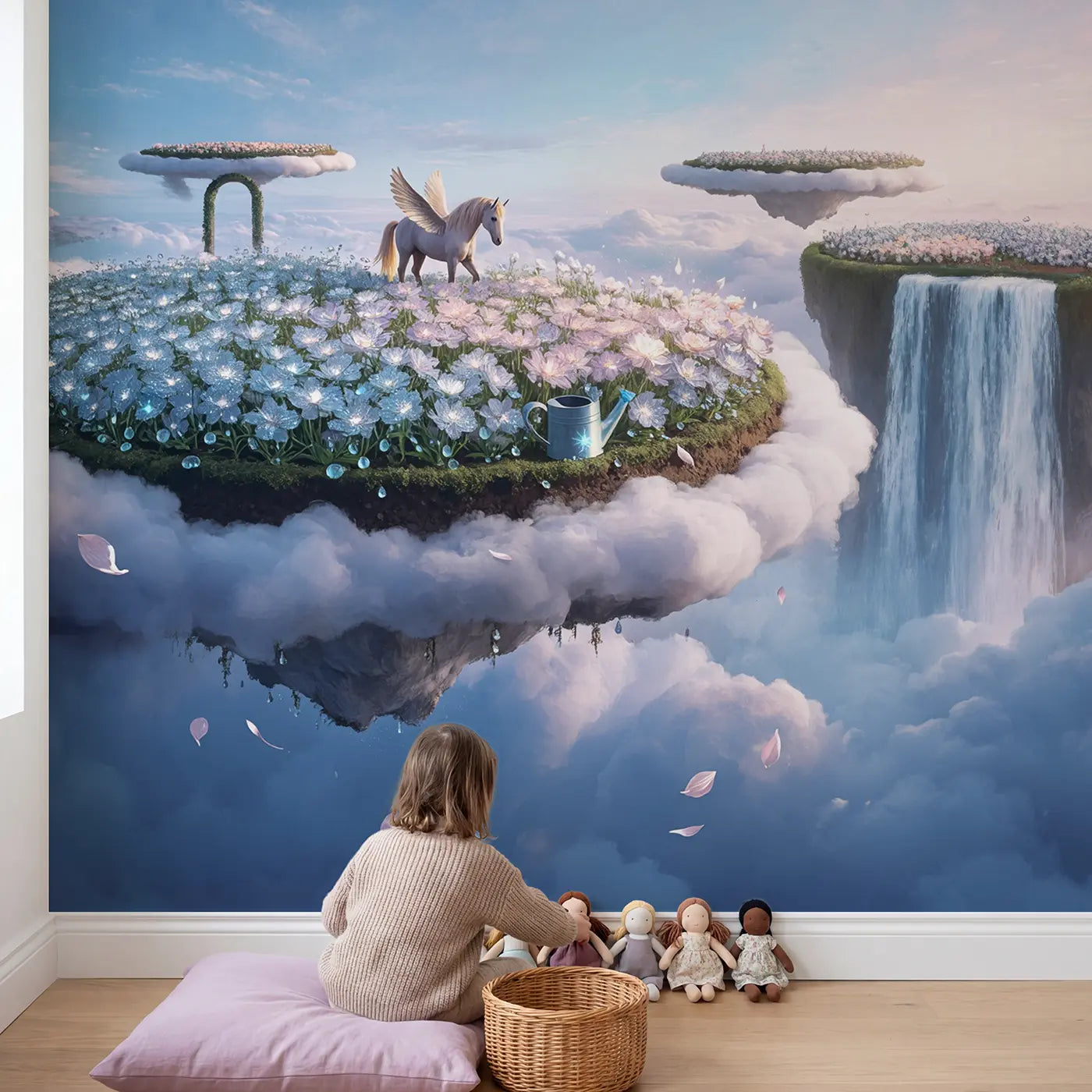 Child in nursery with Pegasus Cloud Garden Wallpaper Mural by Whimsy Tots