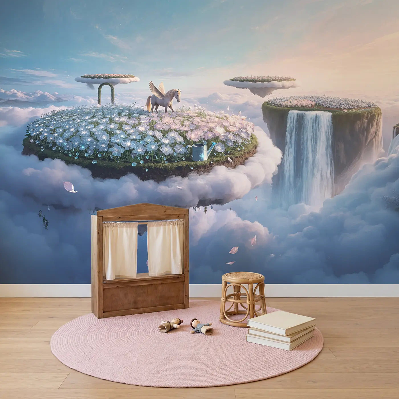 Pegasus Cloud Garden Wallpaper Mural in playroom setting by Whimsy Tots