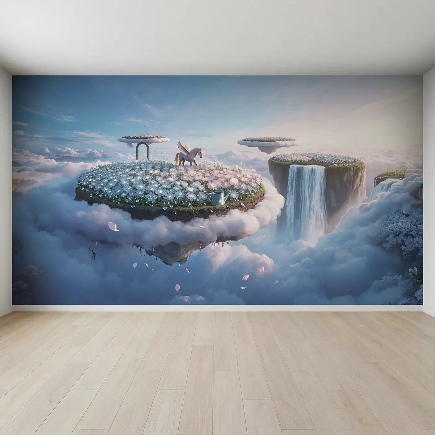 Full view of Pegasus Cloud Garden Wallpaper Mural by Whimsy Tots