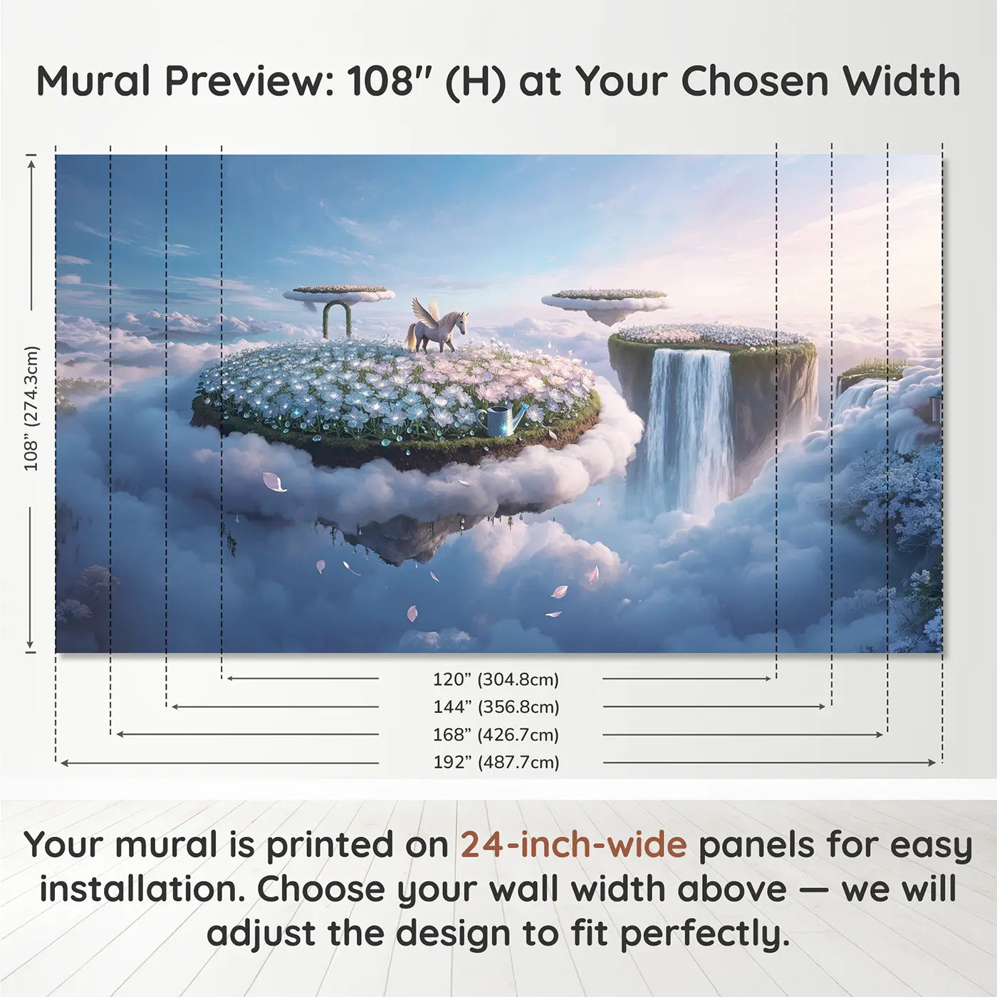 Panel layout and dimensions for Pegasus Cloud Garden Wallpaper Mural by Whimsy Tots