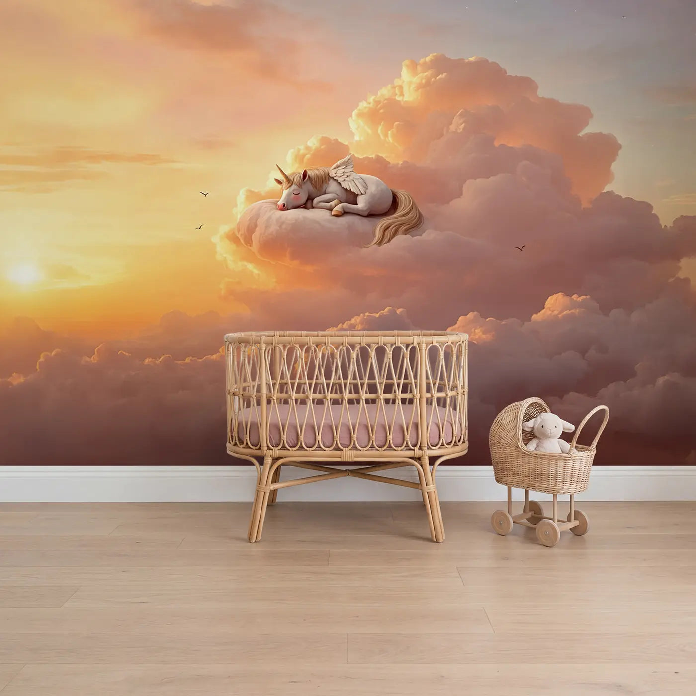 Soft pastel sleeping pegasus clouds wallpaper mural for girls nursery by Whimsy Tots