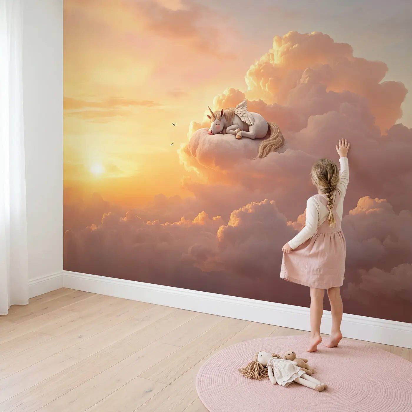 Child in nursery with Sleeping Cloud Pegasus Wallpaper Mural by Whimsy Tots