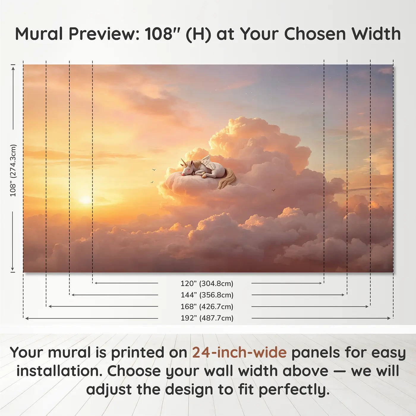Panel layout and dimensions for Sleeping Cloud Pegasus Wallpaper Mural by Whimsy Tots