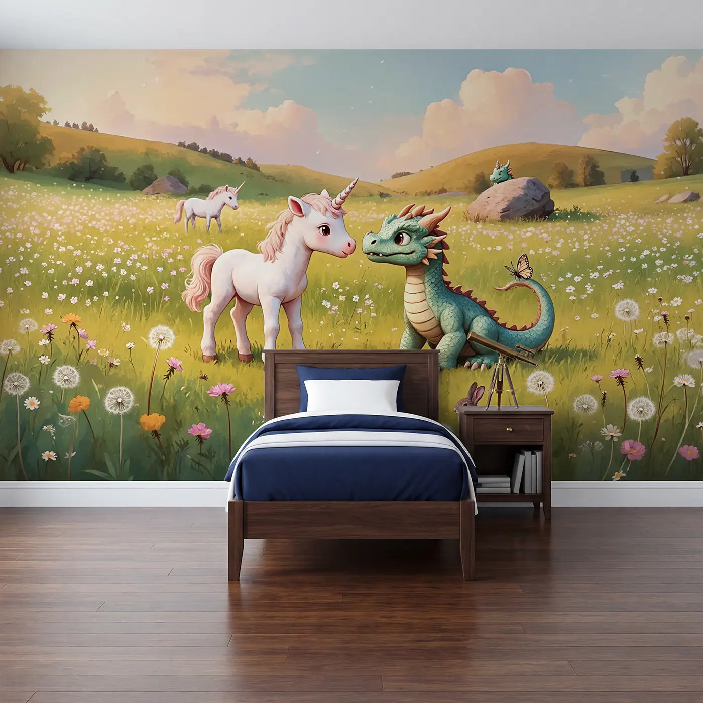 Soft pastel baby unicorn and baby dragon wallpaper mural for kids room by Whimsy Tots