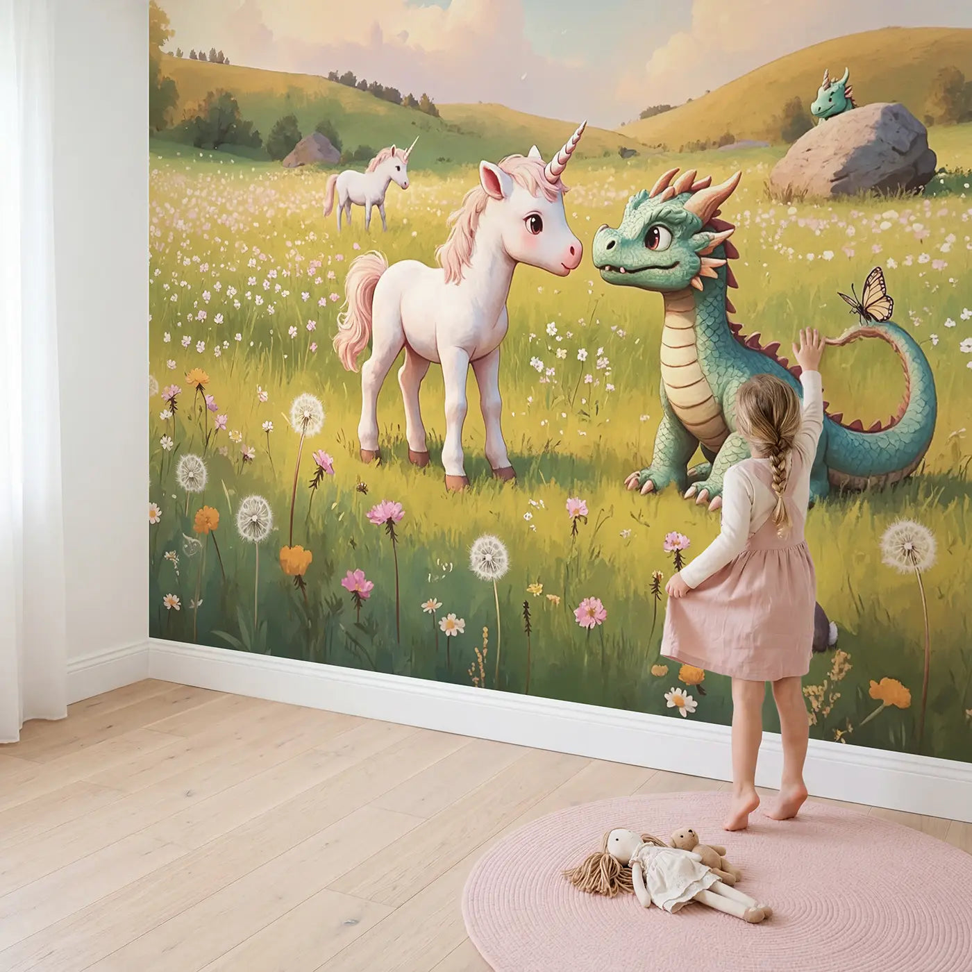 Child in nursery with Baby Unicorn Meets Baby Dragon Wallpaper Mural by Whimsy Tots