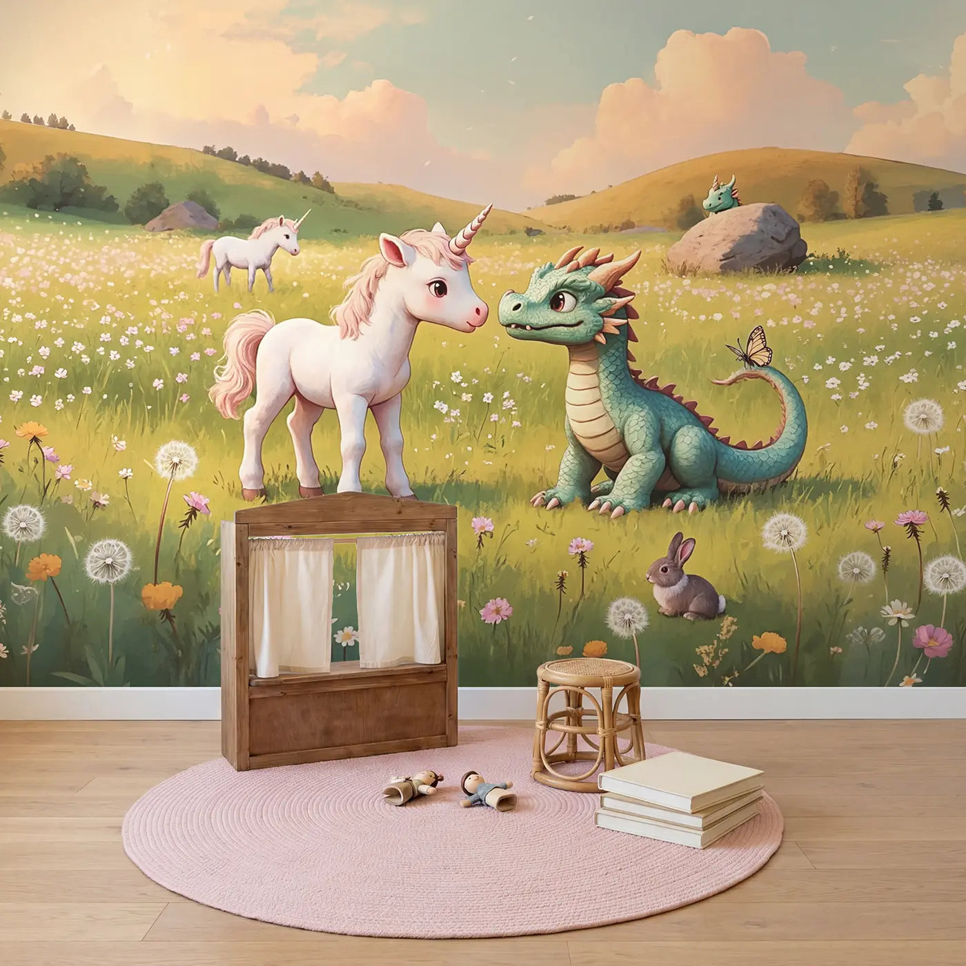 Baby Unicorn Meets Baby Dragon Wallpaper Mural in playroom setting by Whimsy Tots