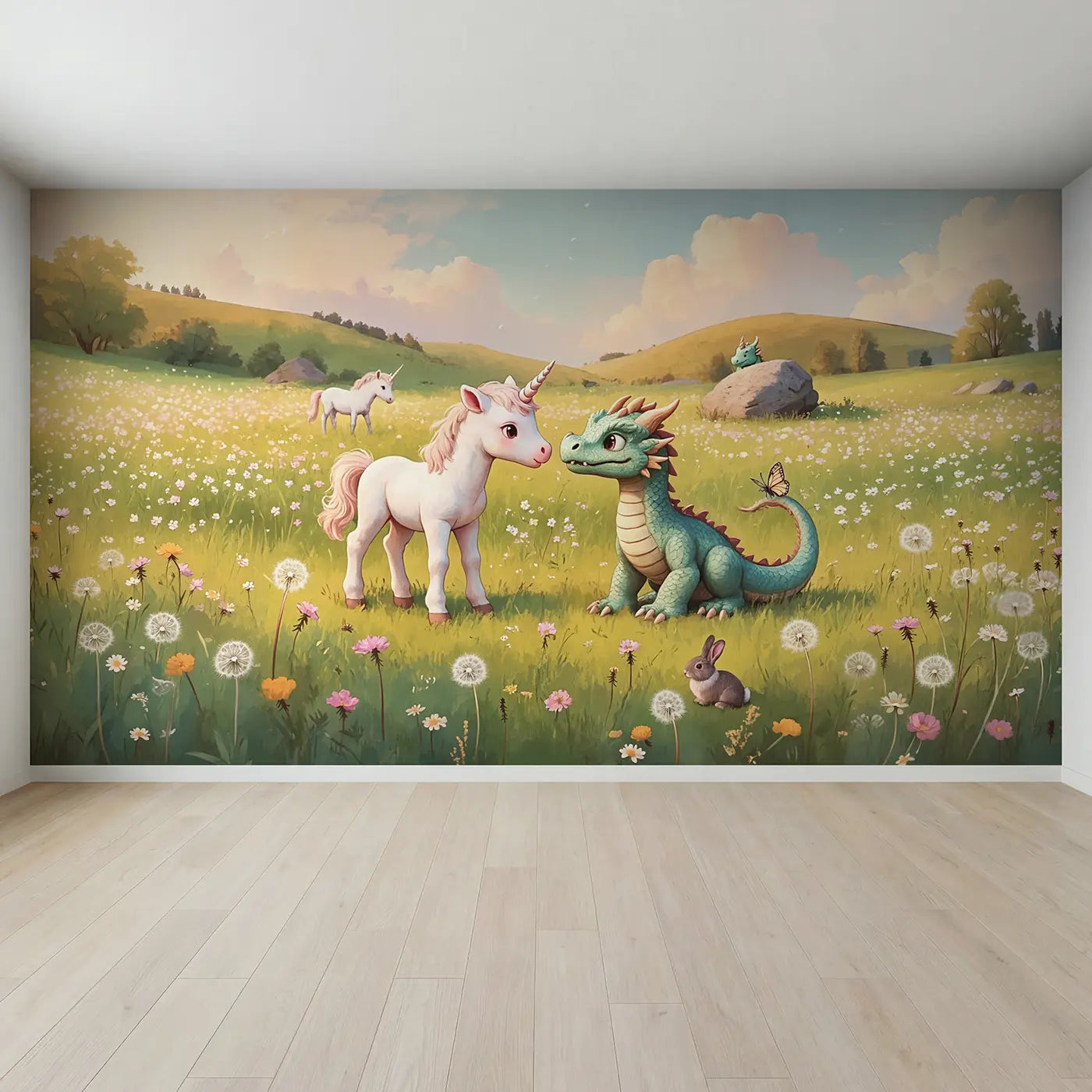 Full view of Baby Unicorn Meets Baby Dragon Wallpaper Mural by Whimsy Tots
