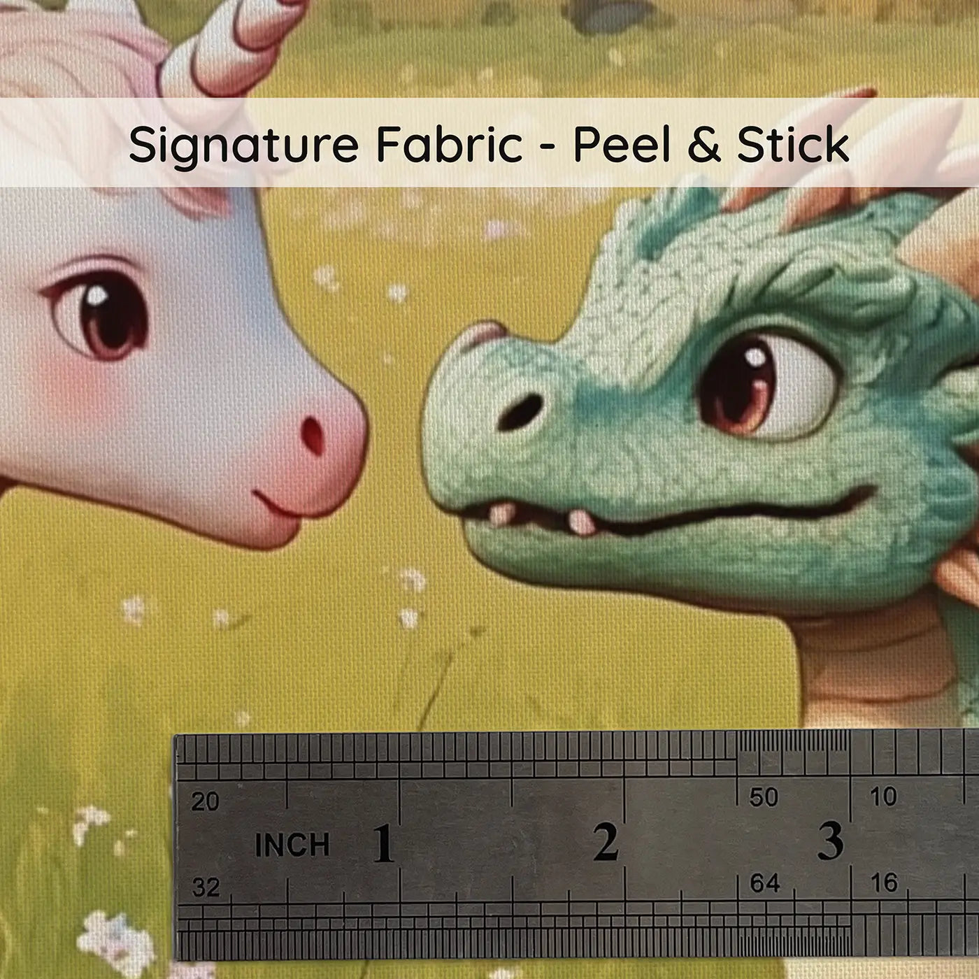 Fabric texture close-up of Baby Unicorn Meets Baby Dragon Wallpaper Mural by Whimsy Tots