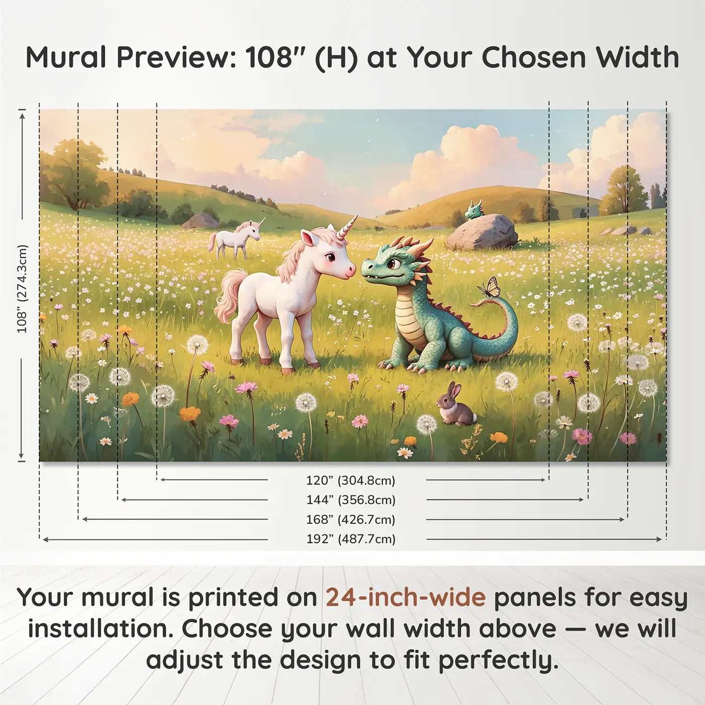 Panel layout and dimensions for Baby Unicorn Meets Baby Dragon Wallpaper Mural by Whimsy Tots