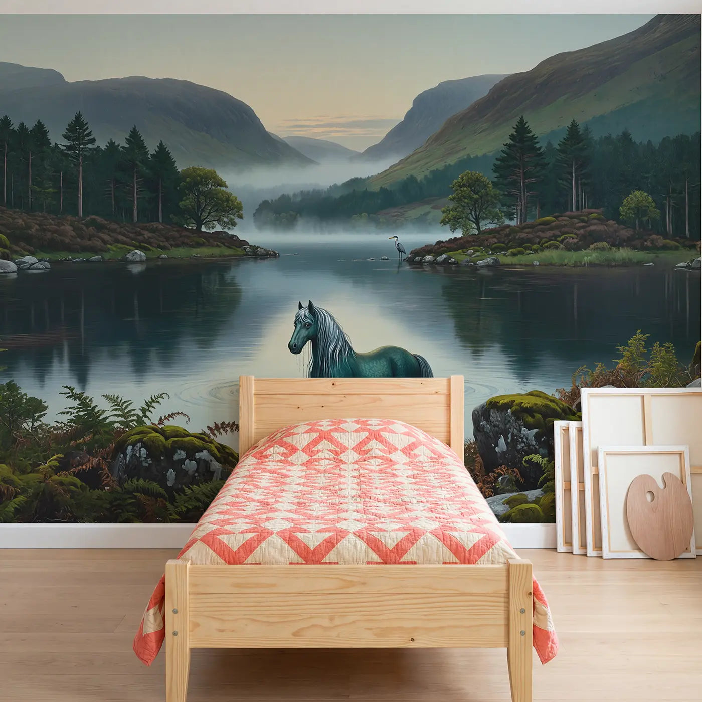 Painted kelpie and loch fantasy meadow wallpaper mural for kids room by Whimsy Tots