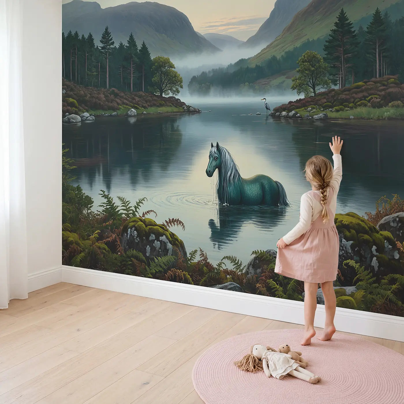 Child in nursery with Mystic Kelpie Loch Wallpaper Mural by Whimsy Tots