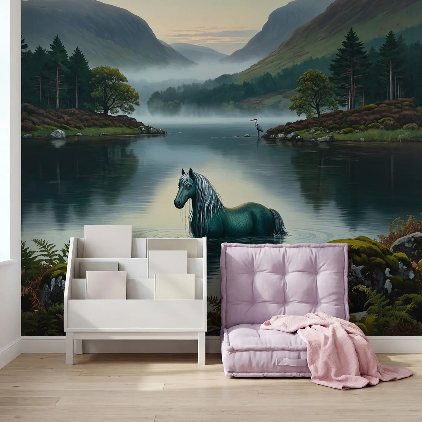 Mystic Kelpie Loch Wallpaper Mural in playroom setting by Whimsy Tots