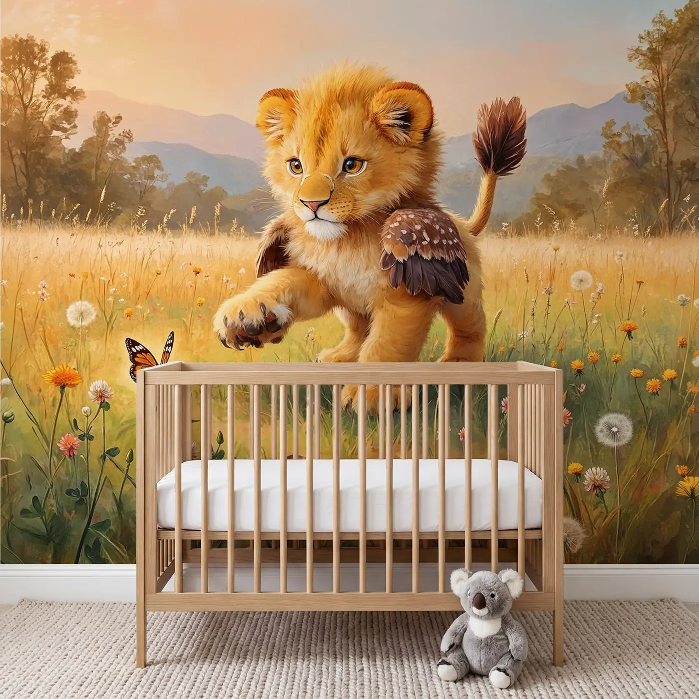soft pastel baby griffin meadow mural for nursery by Whimsy Tots